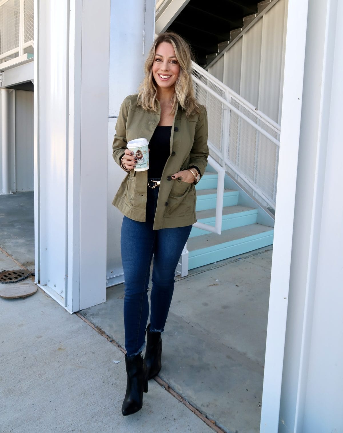 Walmart Fashion Finds, Bodysuit, Military Jacket, Jeans, Booties