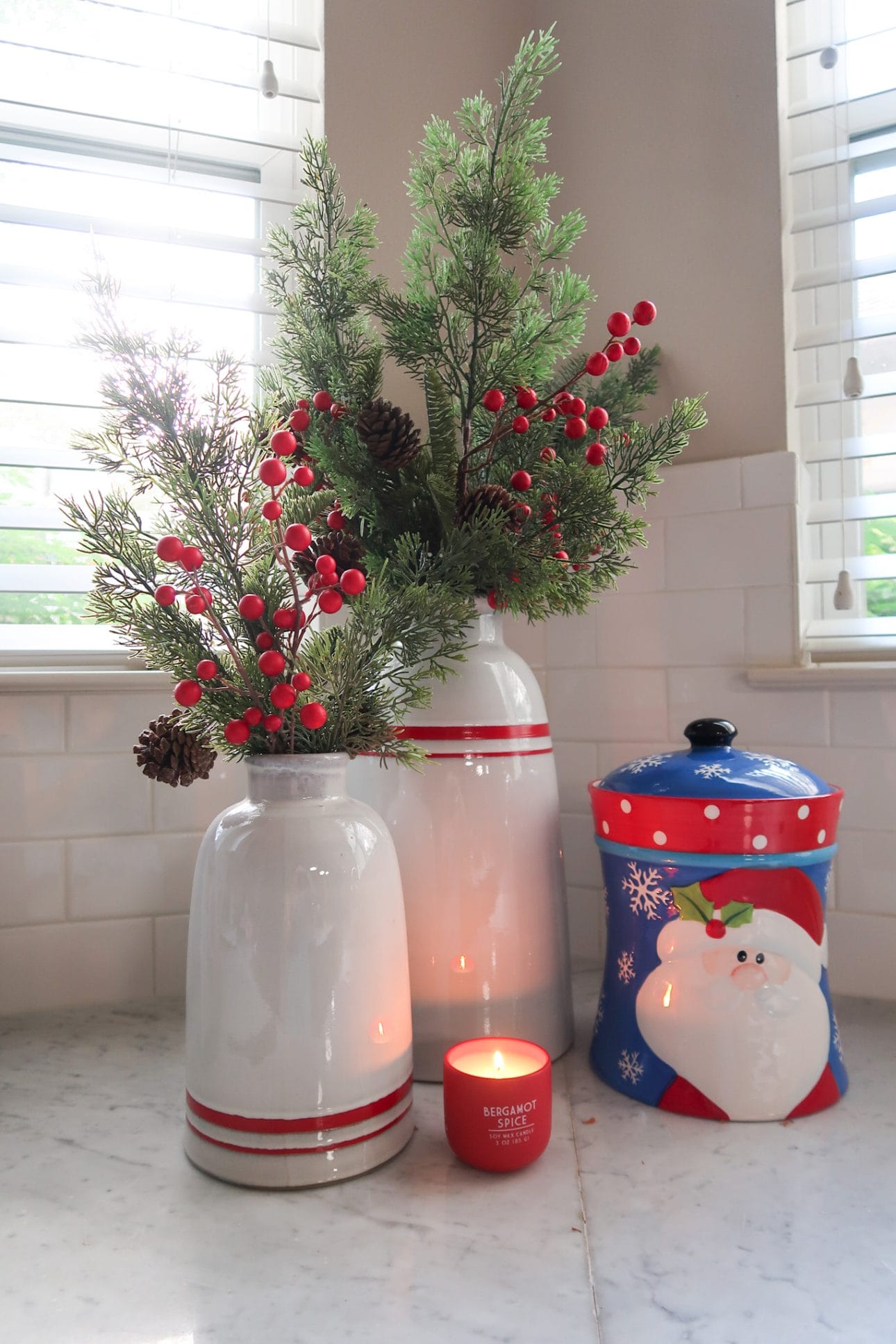 Christmas Home Tour, Target Striped Vases, Greenery, Santa Cookie Jar, Candle 