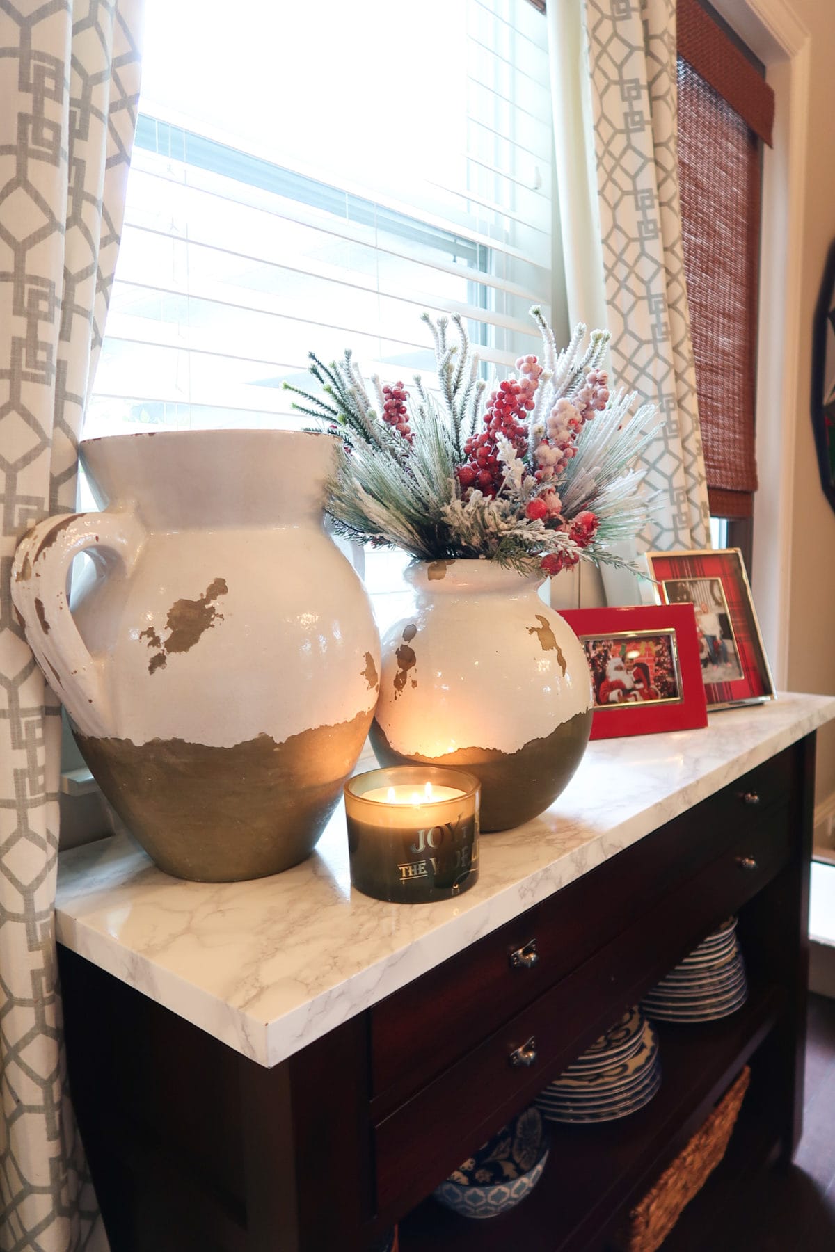 Christmas Home Tour, Jug Vases, Greenery, Joy Candle, Plaid Picture Frames