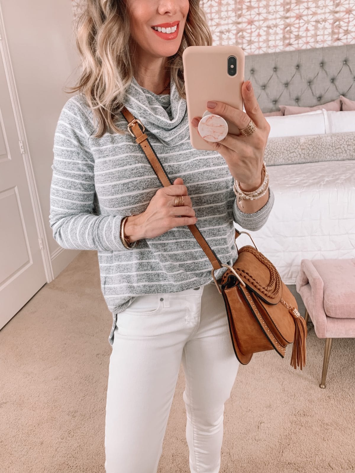 Amazon Fashion Faves, Greay Striped Tunic with Cowl Neck, Jeans, Crossbody 