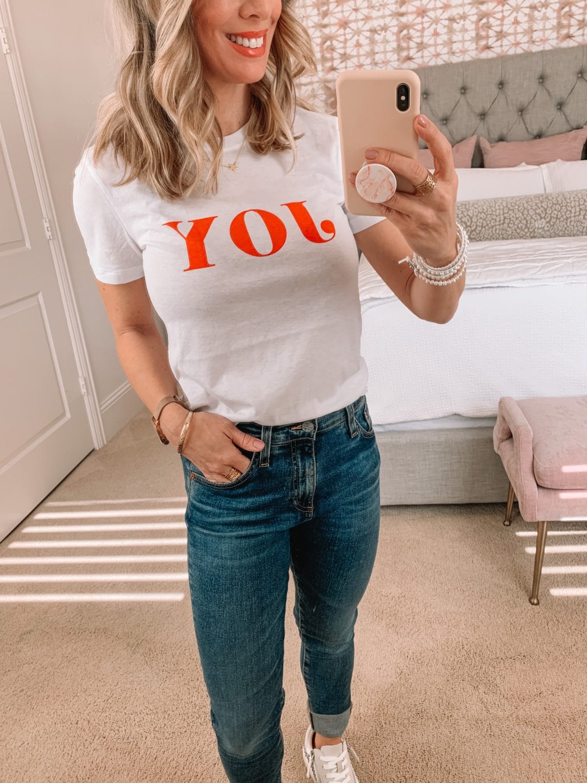 Dressing Room Finds Nordstrom, Joy Tee, AG High Waist Jeans, Studded Sneakers