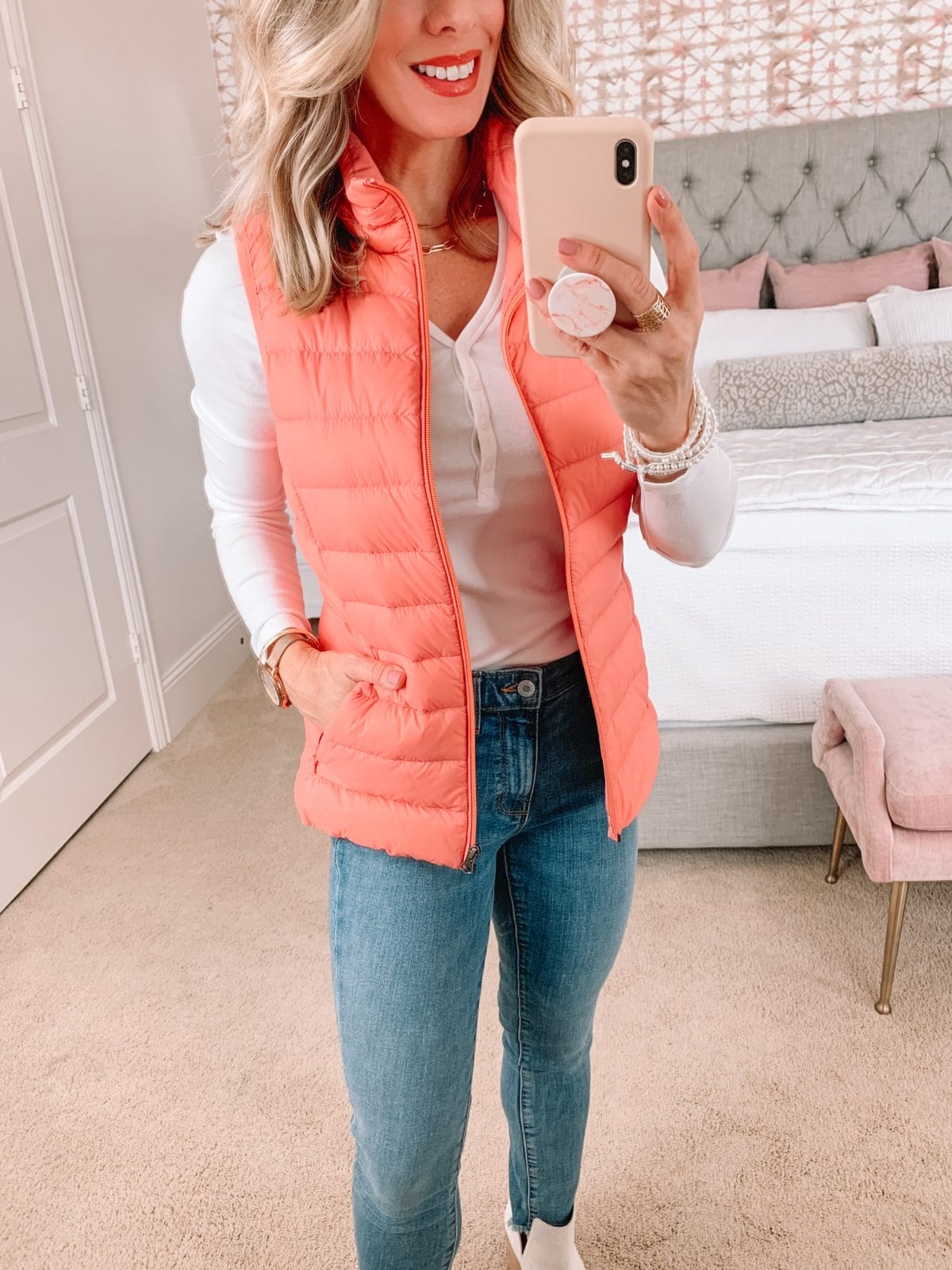 Amazon Fashion Faves, Henley Tee, Puffer Vest, Jeans, Booties 