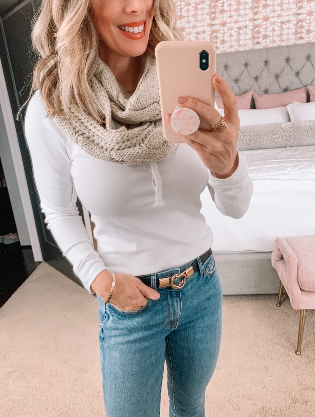 Amazon Fashion Faves, Henley Tee, Infinity Scarf, Belt, Jeans, Booties 