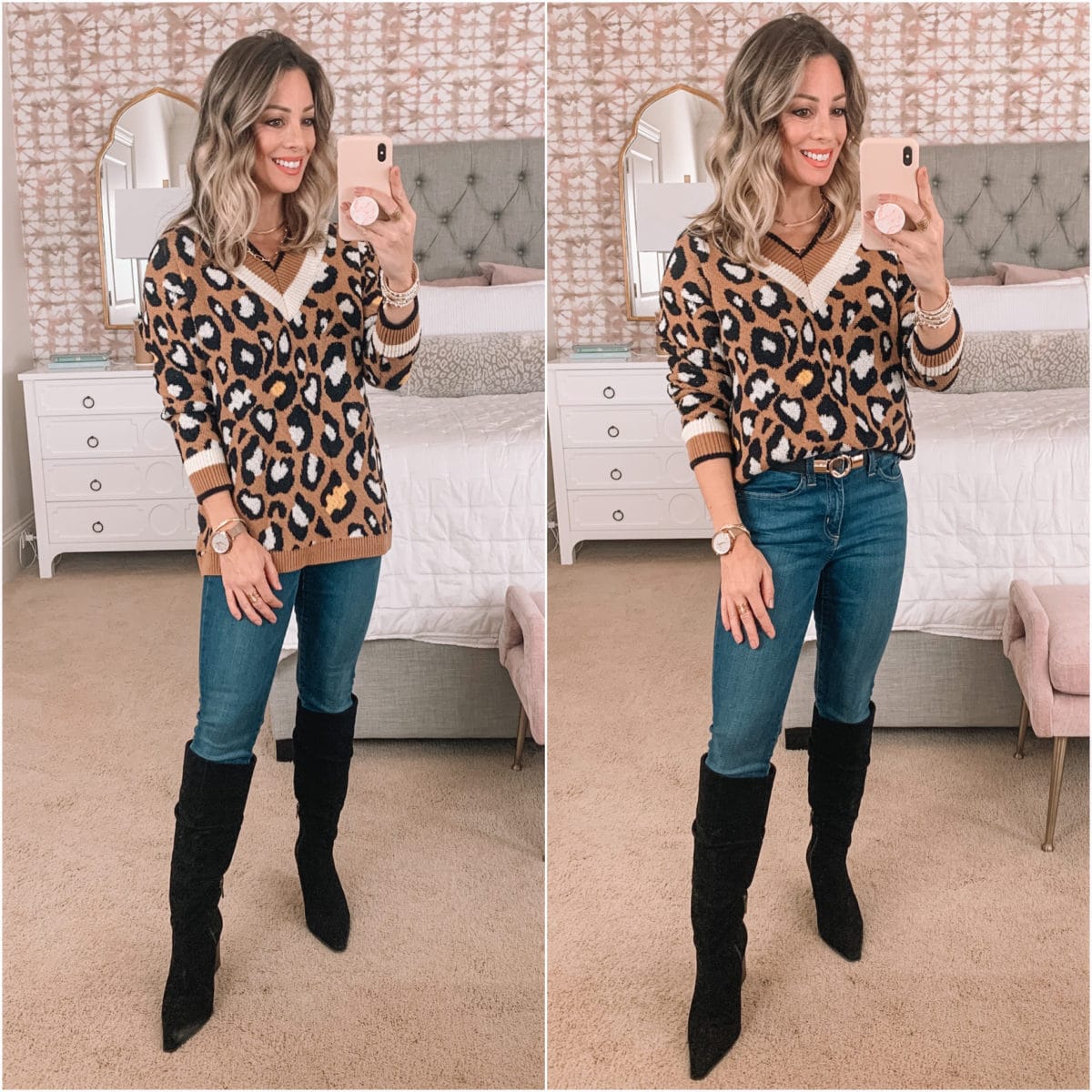 Amazon Fashion Faves, Leopard Sweater, Jeans, Knee High Boots, Skinny Belt 