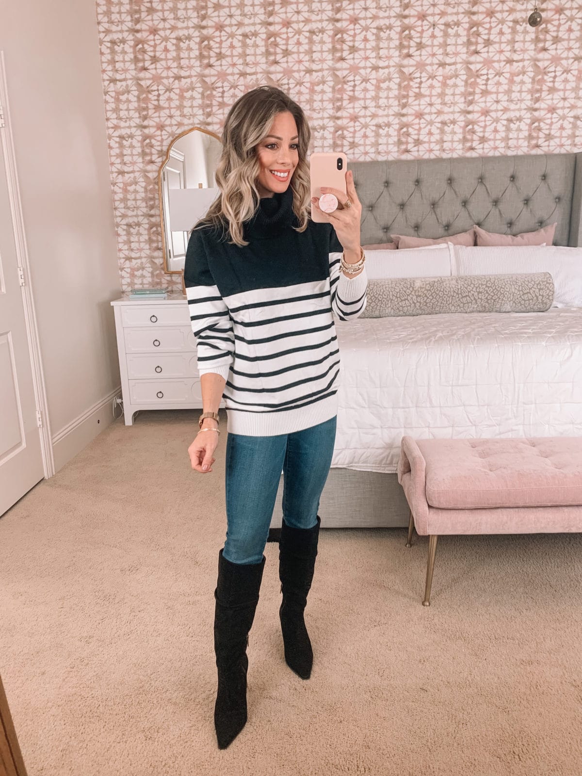 Amazon Fashion Faves, Colorblock Stripes Sweater, Jeans, Boots 