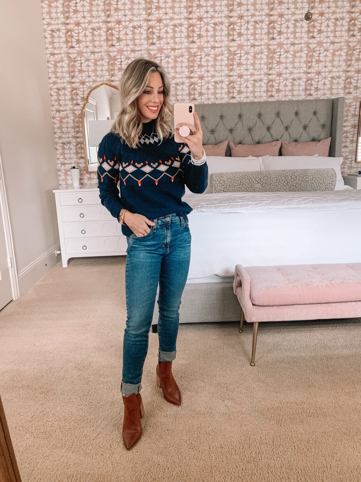 Dressing Room try on Nordstrom, Fair Isle Sweater, Jeans, Booties 