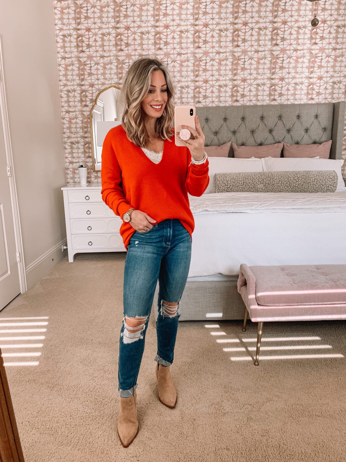 Dressing Room try on Nordstrom, V Neck Sweater, Jeans, Booties 
