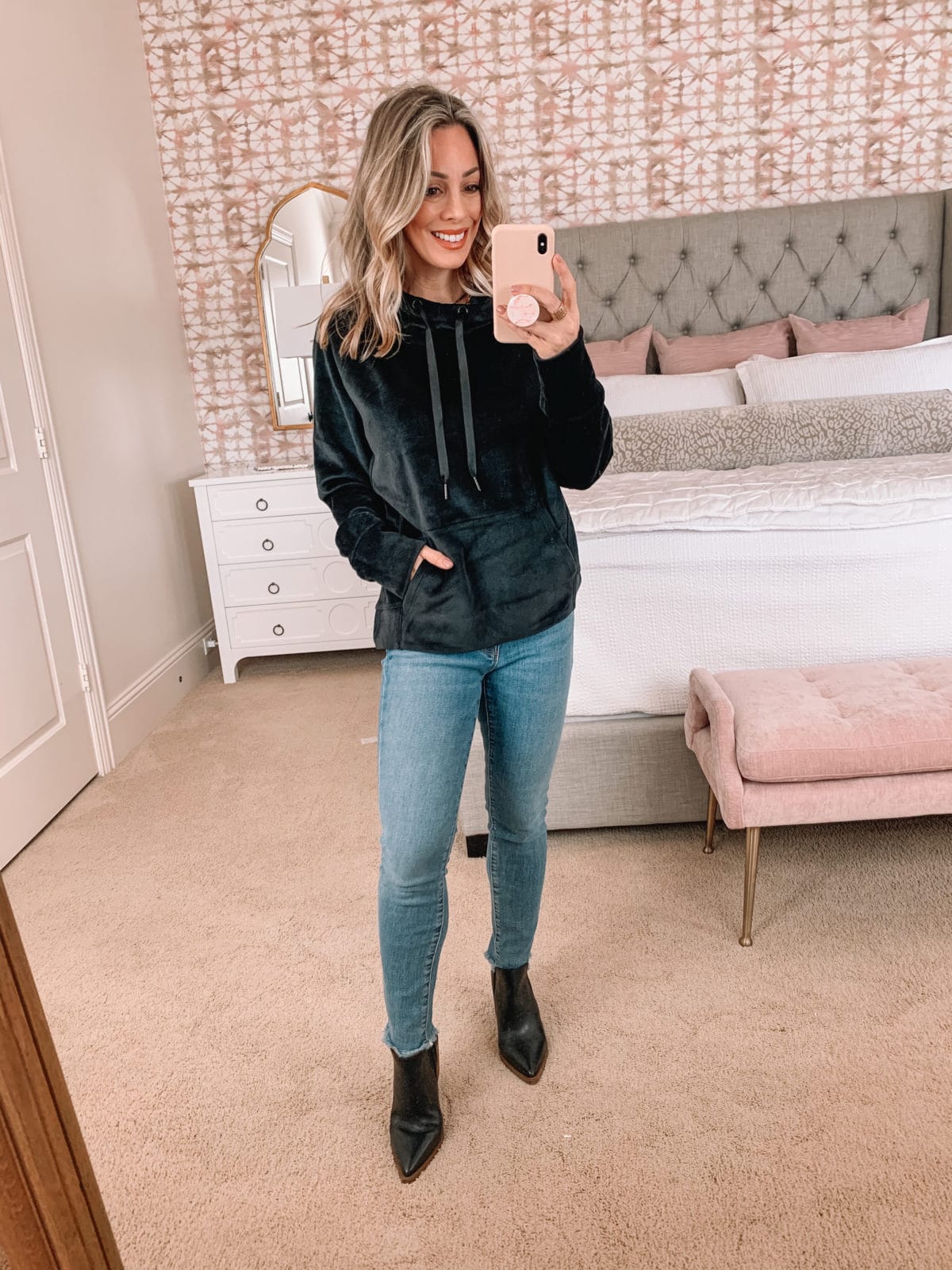 Amazon Fashion Faves, Velvet Pullover, Jeans, Booties 