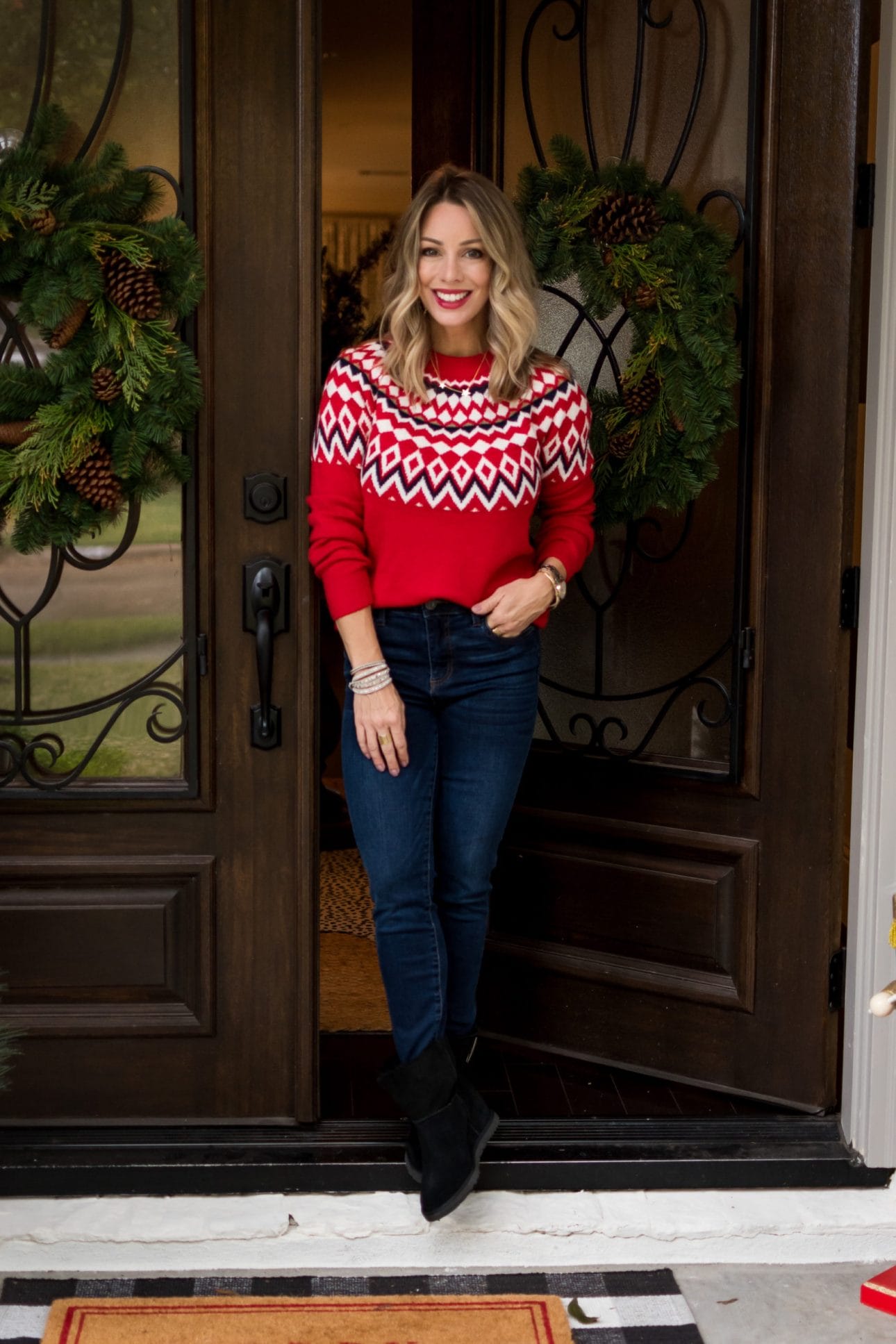 Christmas Home Tour, Fair Isle Sweater, Jeans, Booties