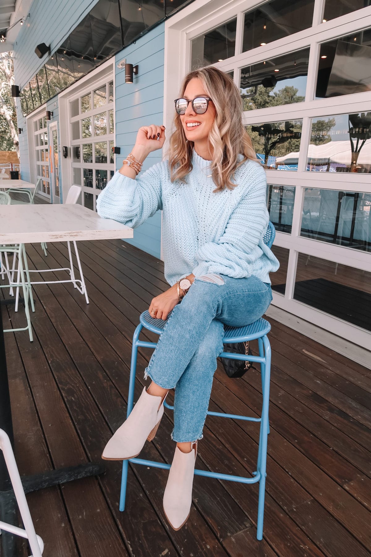 Amazon Fashion Faves, Blue Sweater, Jeans, Booties, Sunglasses