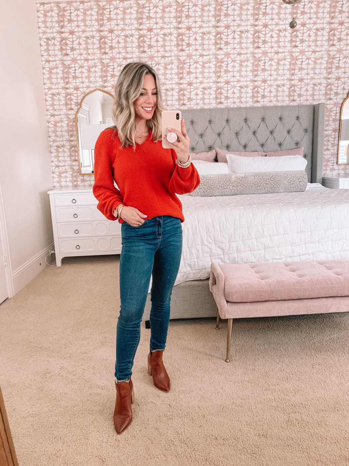 Dressing Room Finds Nordstrom, LOFT, Target, Red Sweater, Jeans, Booties