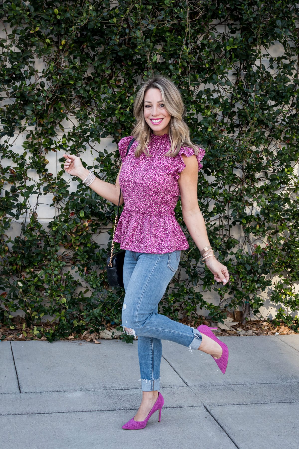 Valentine Day Outfits, Pink Peplum Top, Jeans, Heels