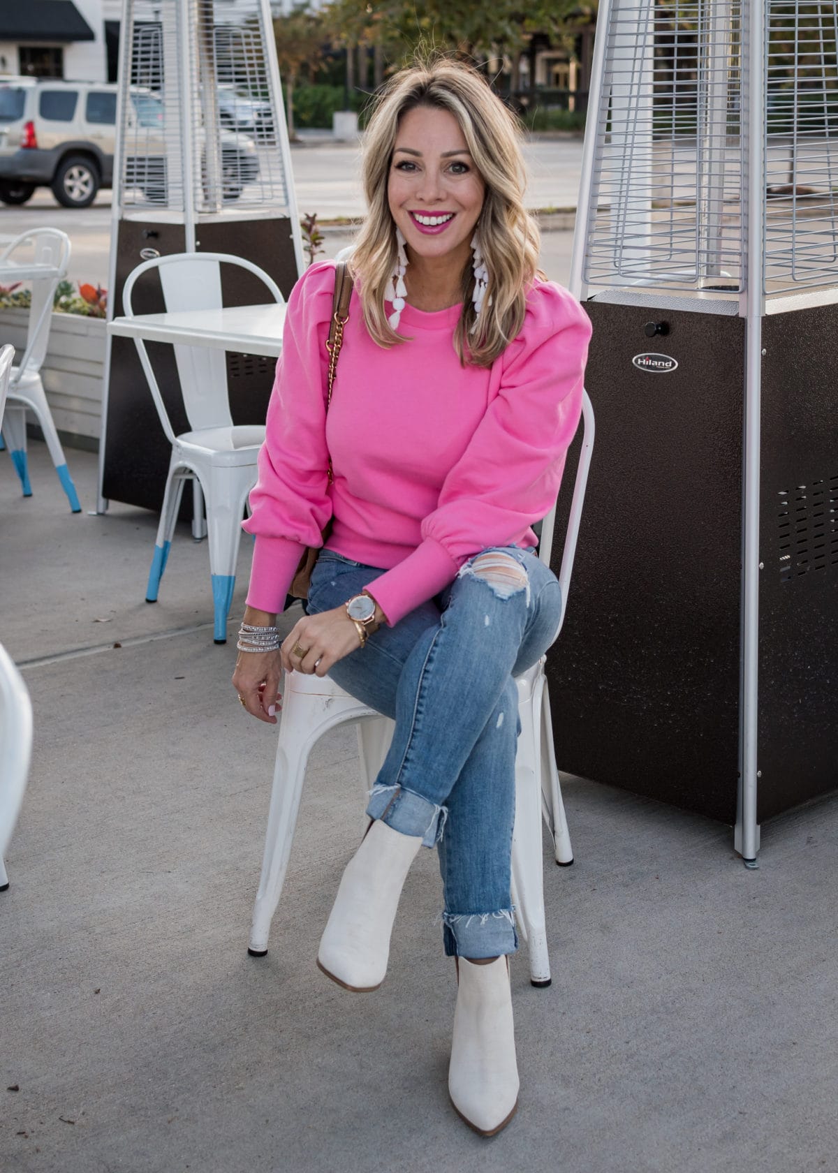 Valentine's Day Outfits, Pink Puff Sleeve Sweatshirt, Jeans, Booties, Statement Earrings