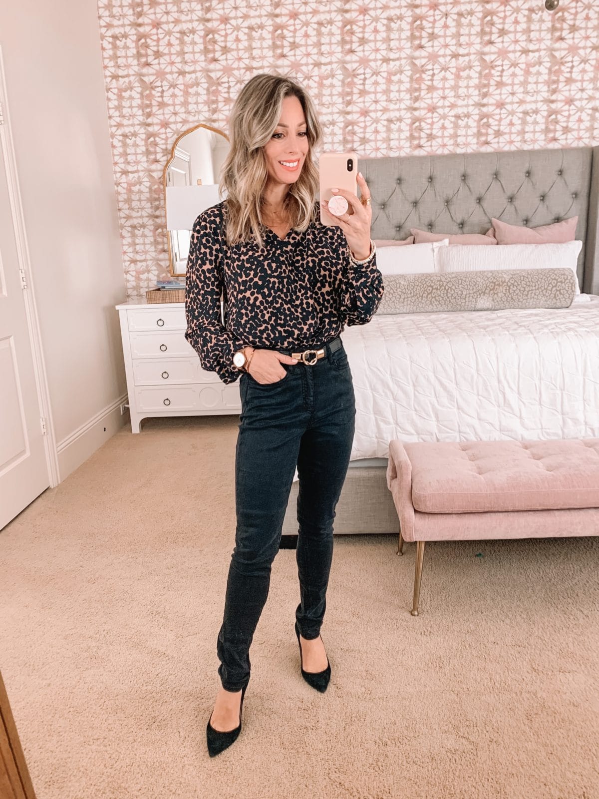 Amazon Fashion Faves, Dotted Blouse, Pants, Heels 