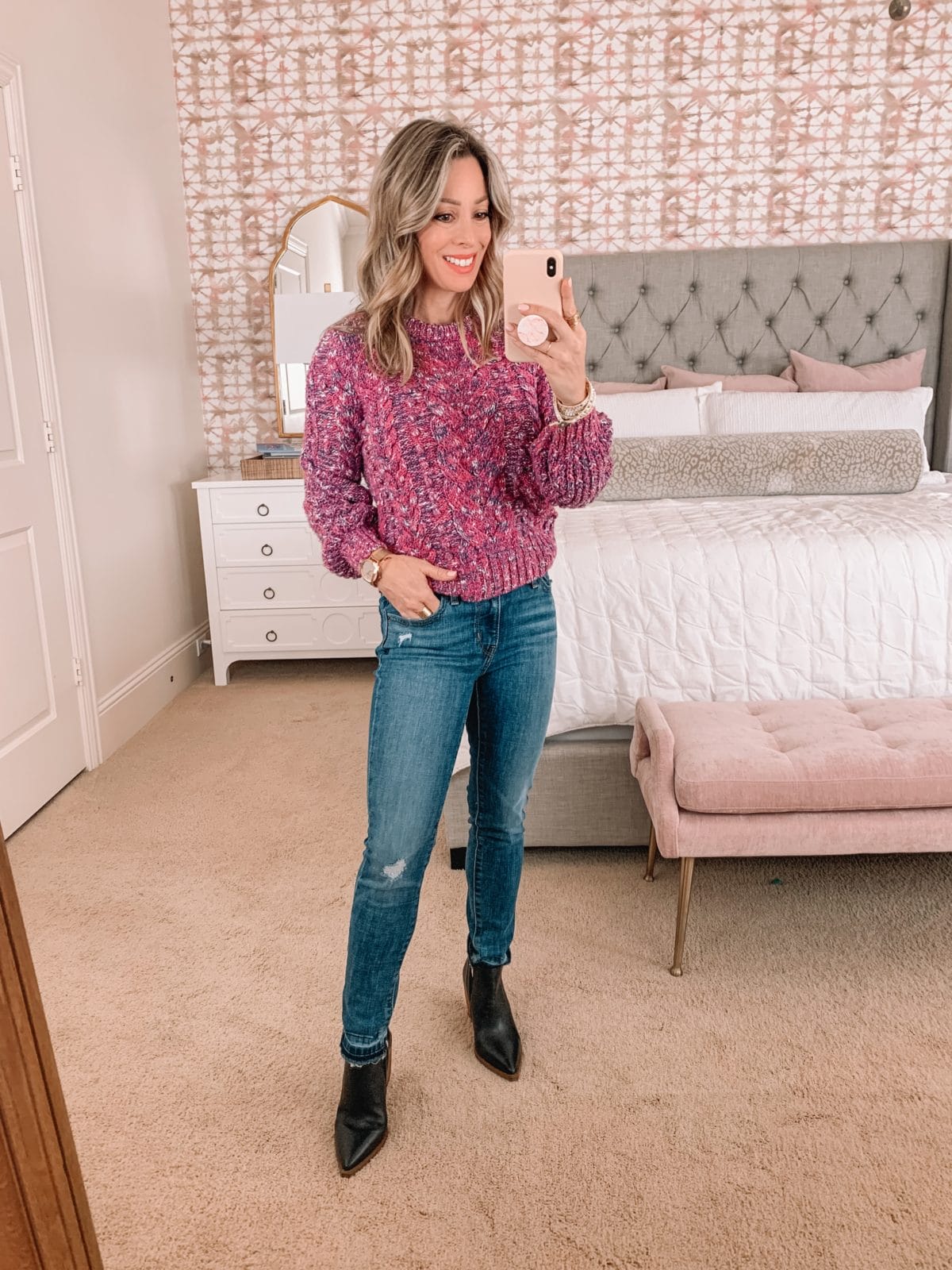 Amazon Fashion Faves, Pink Sweater, Jeans, Booties 