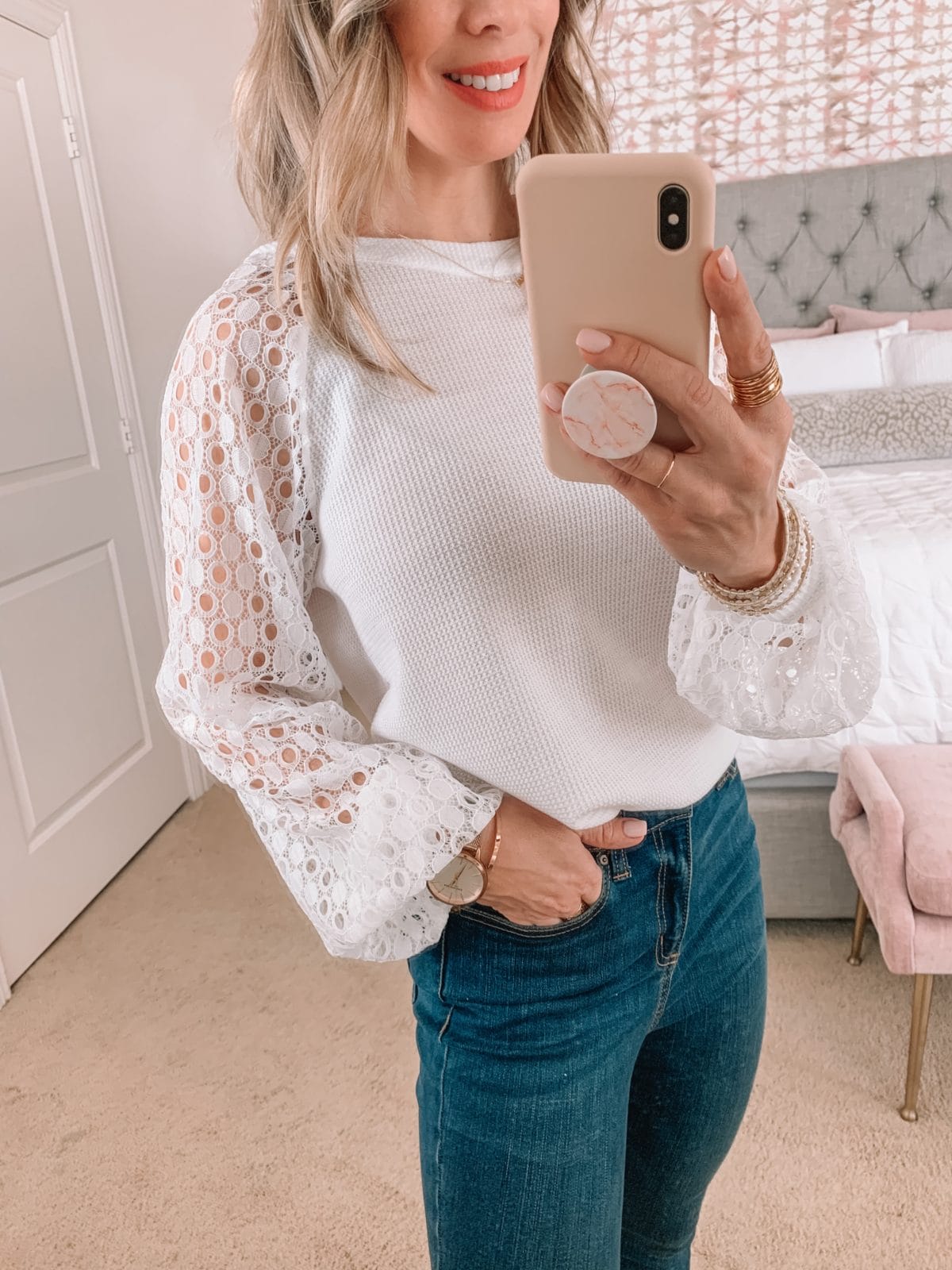 Amazon Fashion Faves, White Lace Sleeved Top, Jeans, Heels 