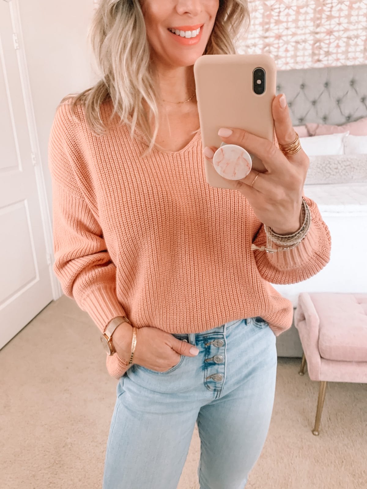 Dressing Room Finds, Peach Sweater, Jeans
