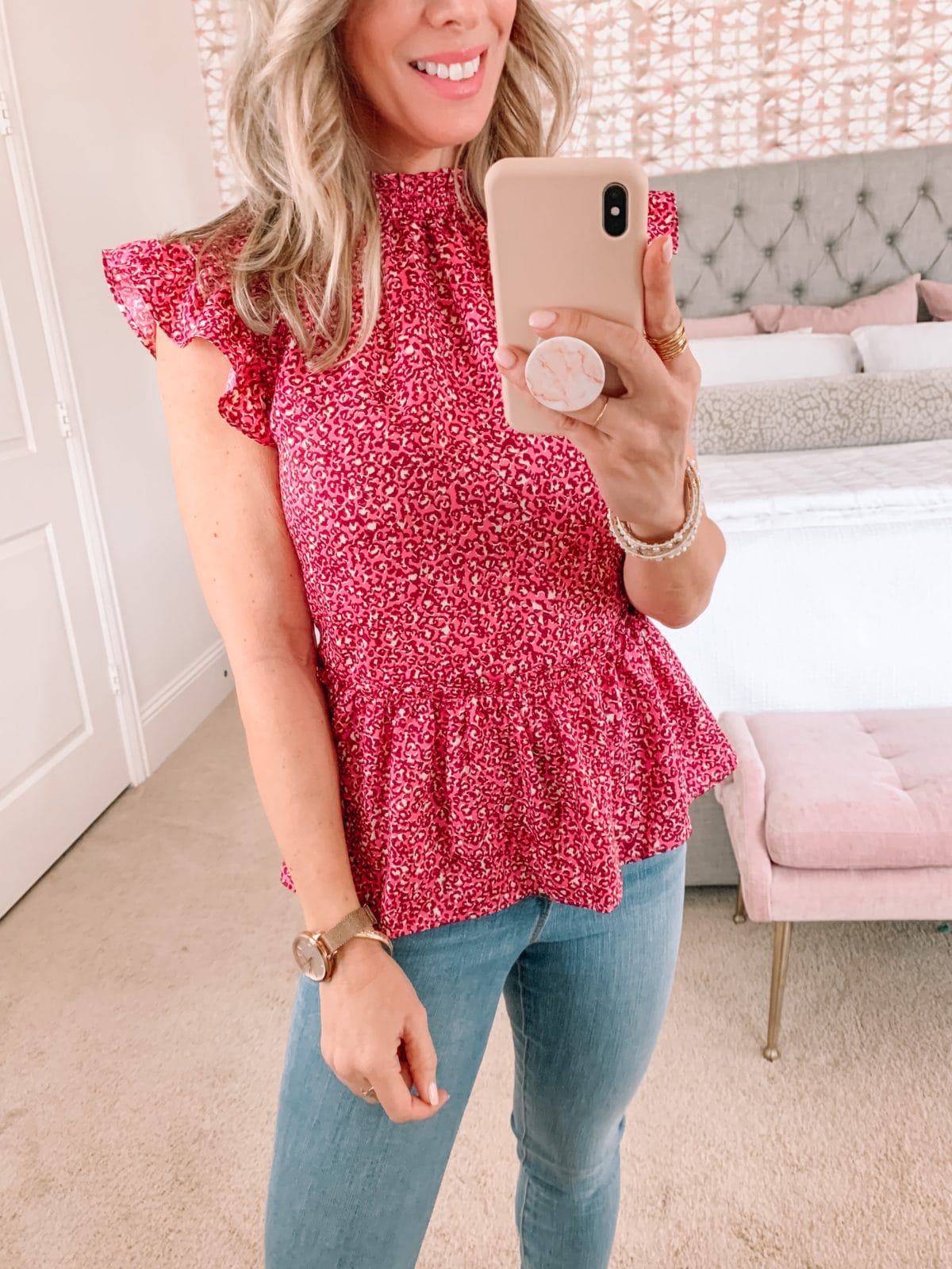 Dressing Room Finds, Pink Flutter Sleeve Floral Peplum Top, Jeans