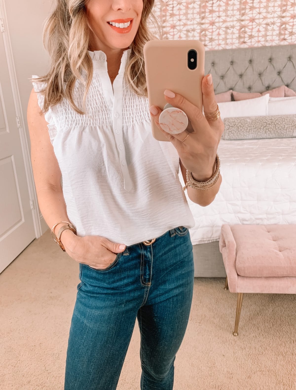 Amazon Fashion Faves, White Smocked Top, Jeans, Heels 