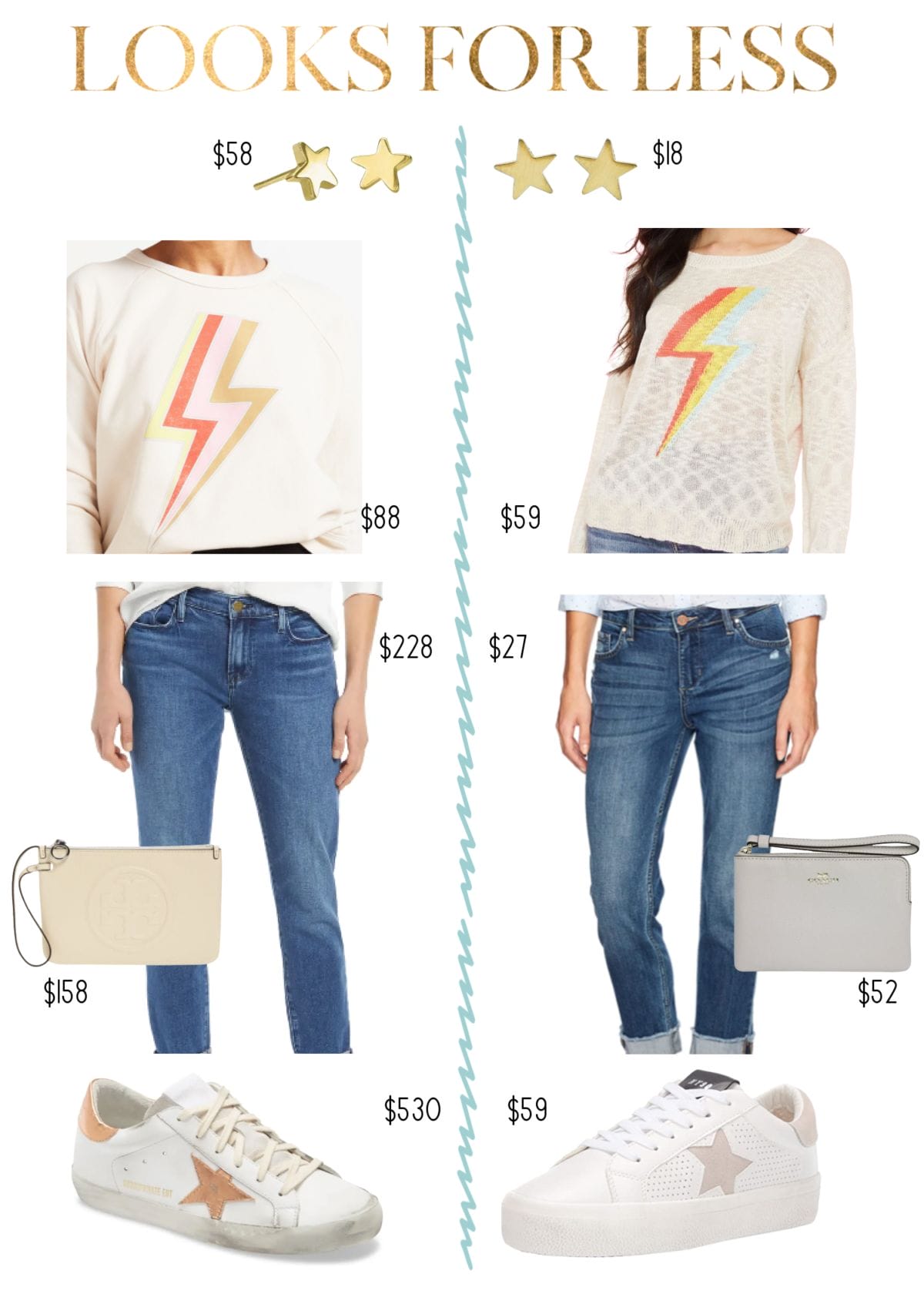 Looks For Less, Lightening Bold Sweater, Jeans, Sneakers, Wristlet