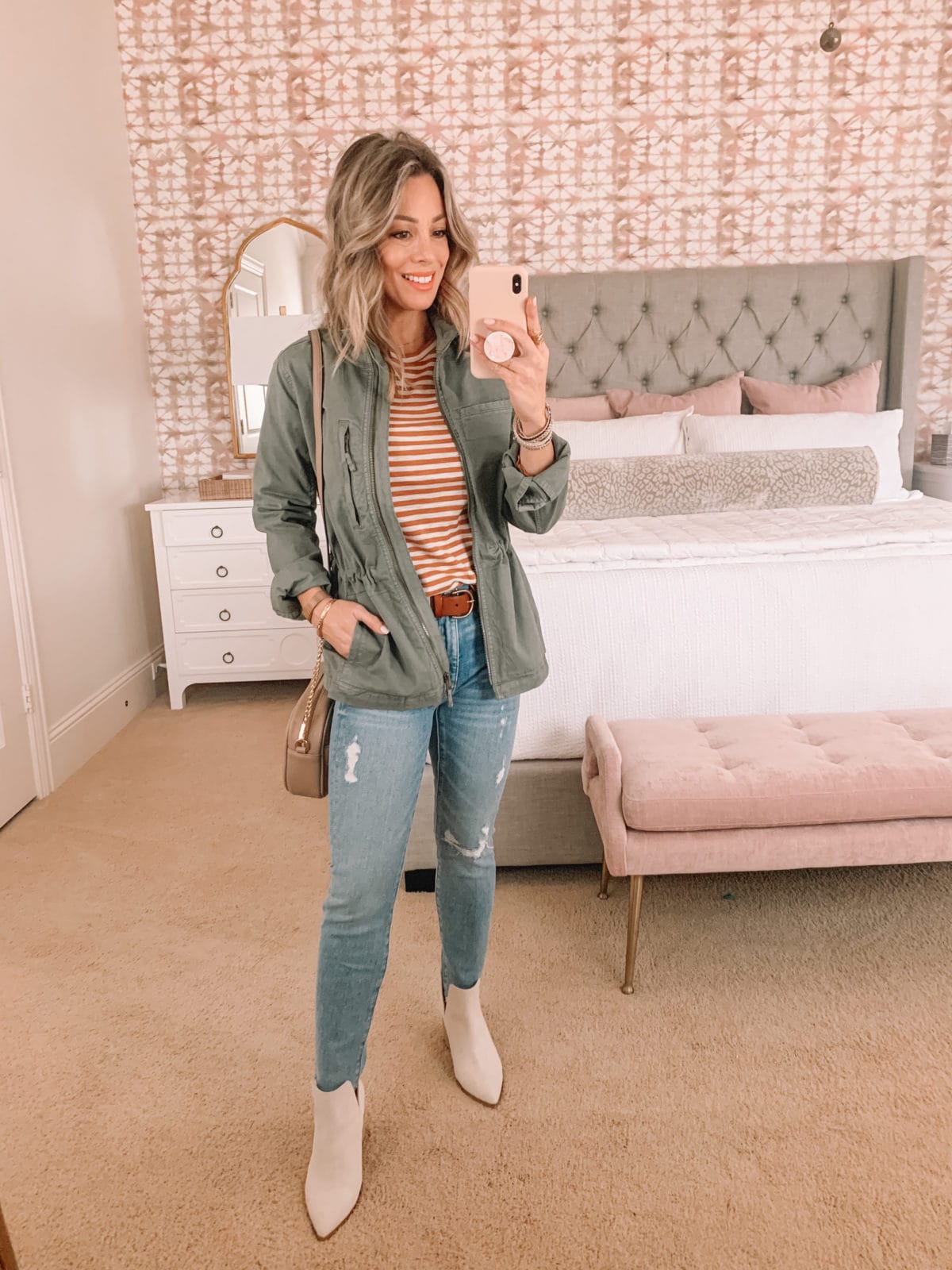 Dressing Room Finds, Stripe Tee, Jeans, Cargo Jacket, White Booties, Crossbody