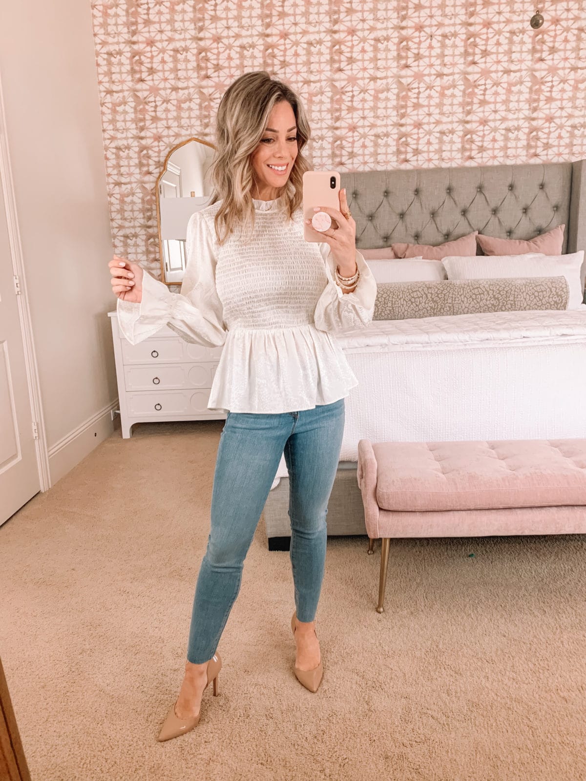 Dressing Room Finds, White Peplum Top, Jeans, Heels 