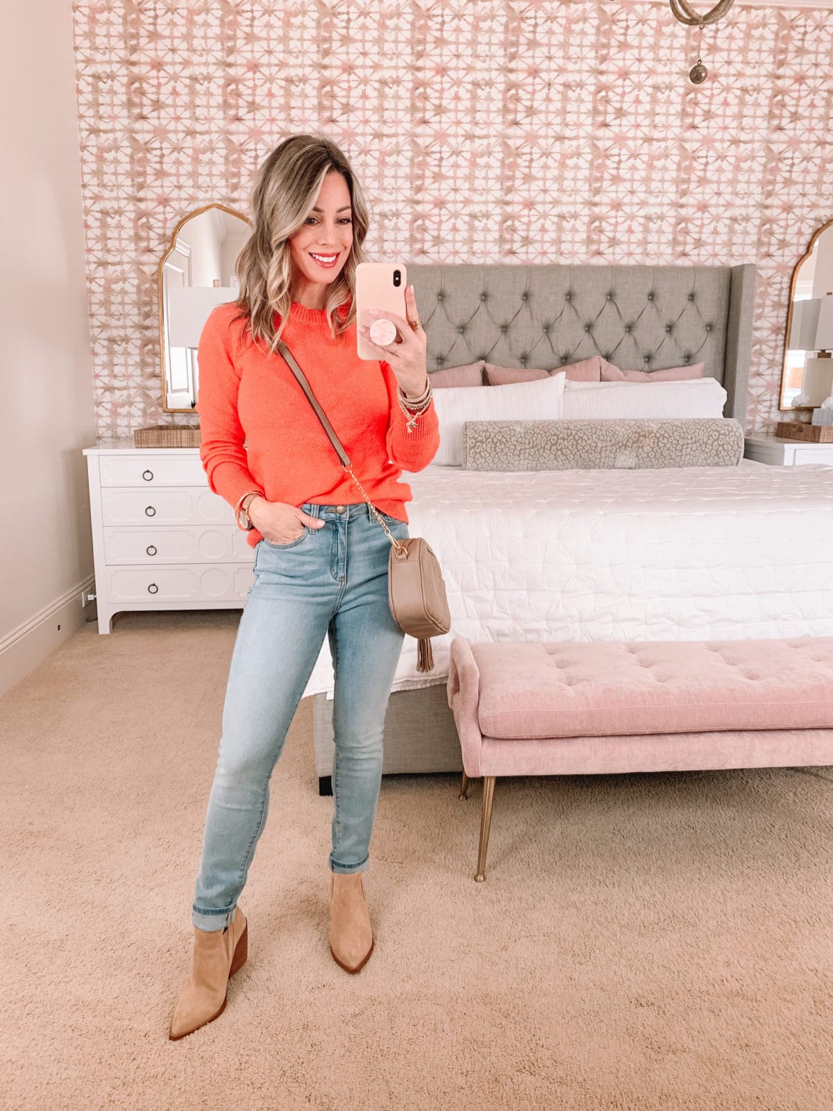 Amazon Fashion Faves, Coral Crew Neck Sweater, Jeans, Booties, Crossbody
