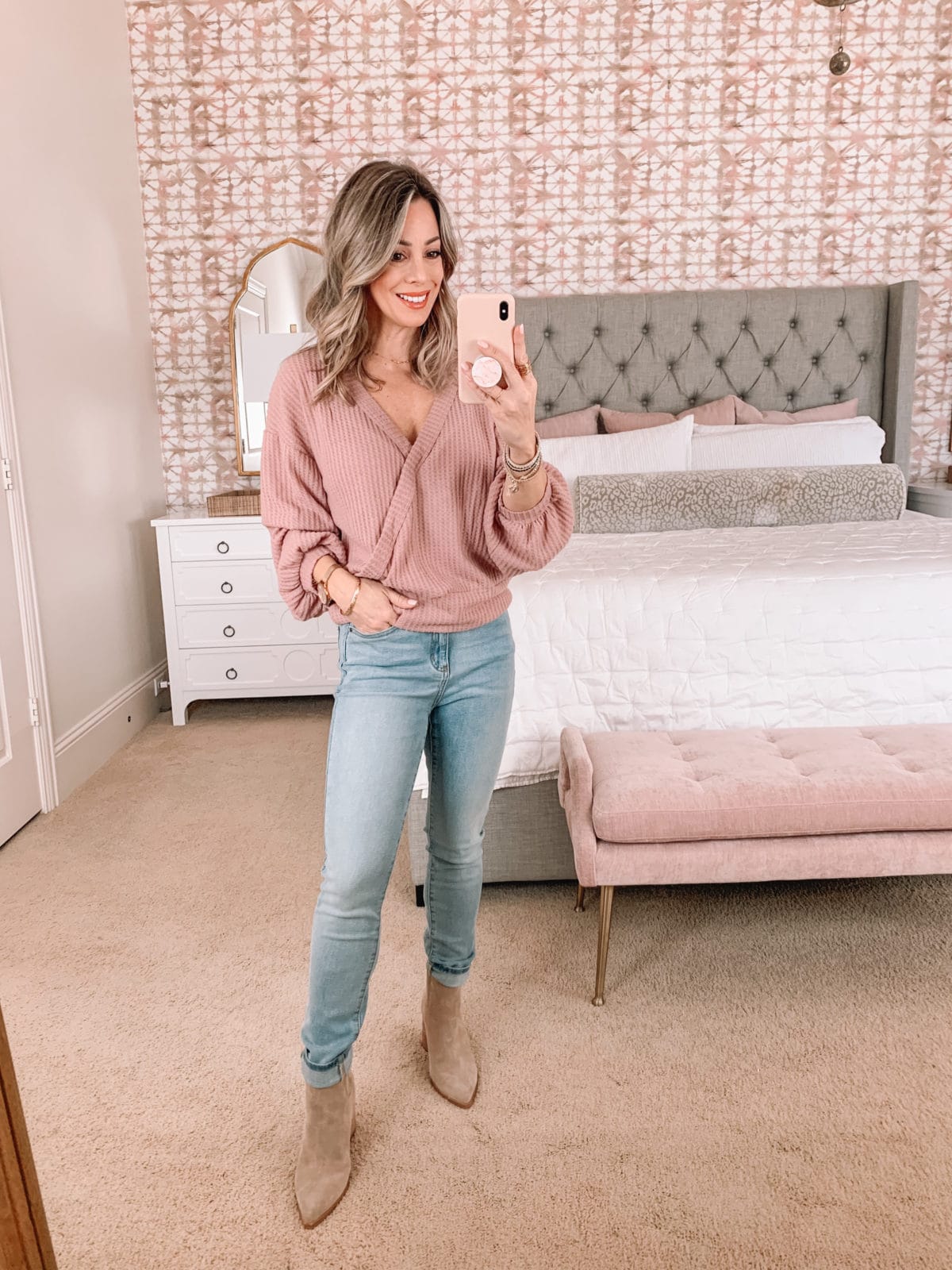 Amazon Fashion Faves, Pink Wrap Front Sweater, Jeans, Booties 