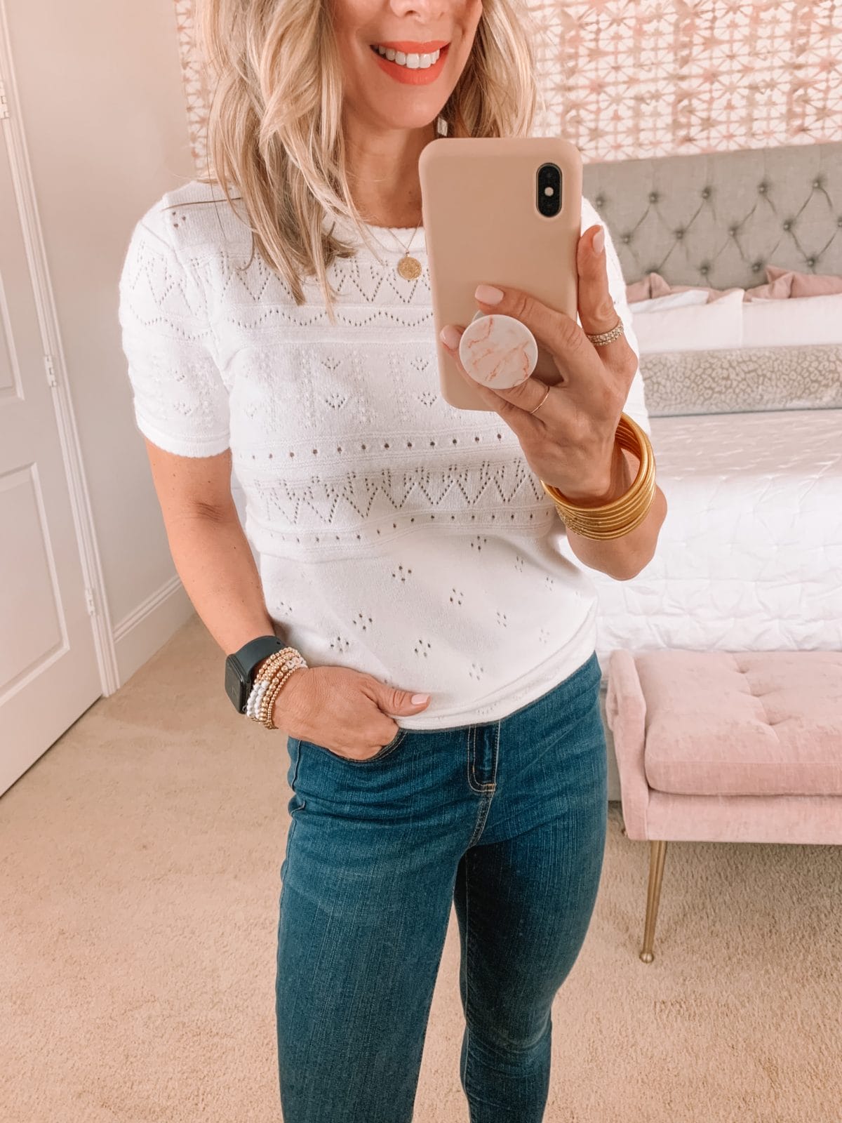 Amazon Fashion Faves, White Embroidered Top, Jeans, Wedge Sandals