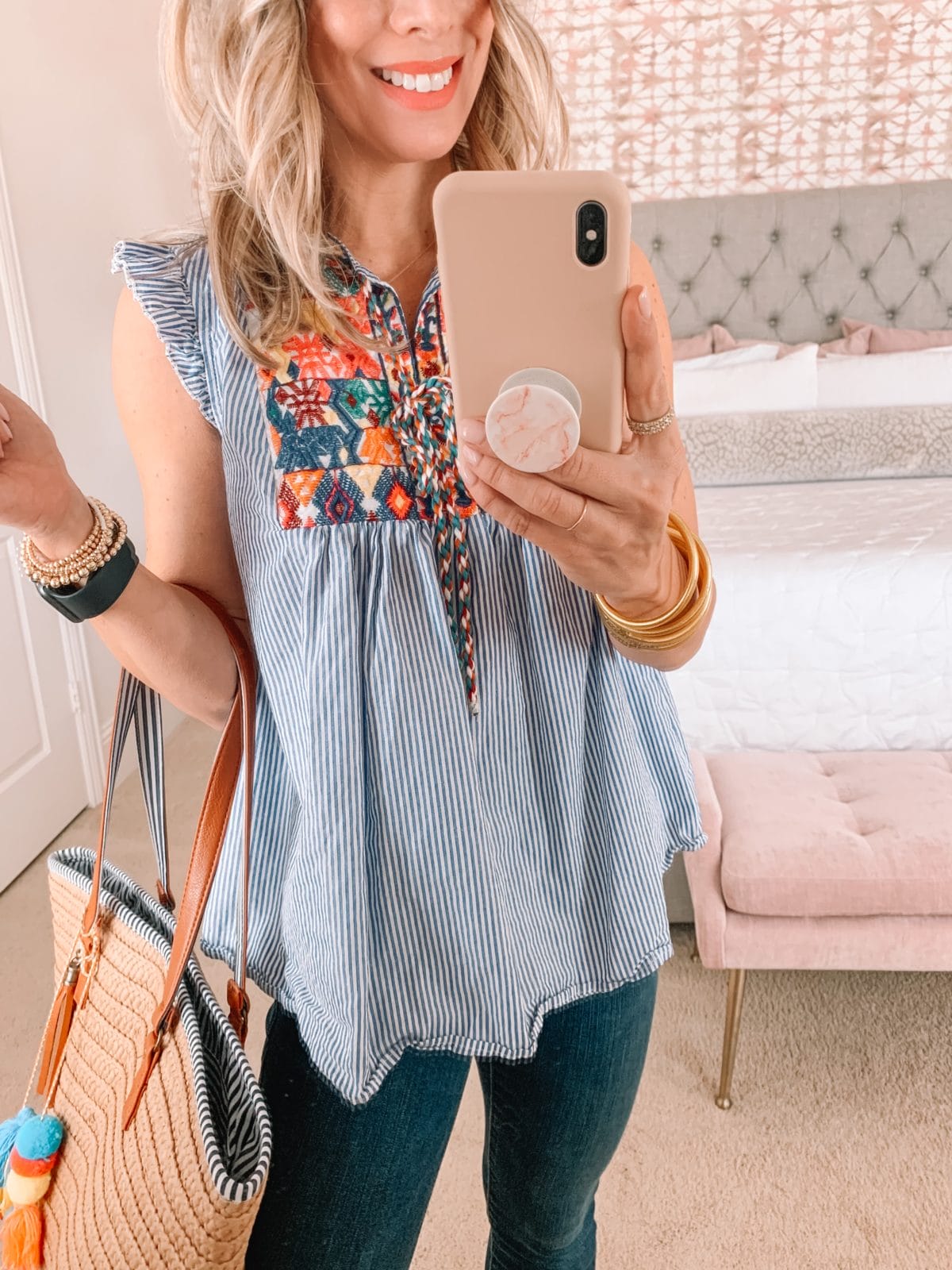 Amazon Fashion Faves, Embroidered Top, Jeans, Tote Bag with Tassel 