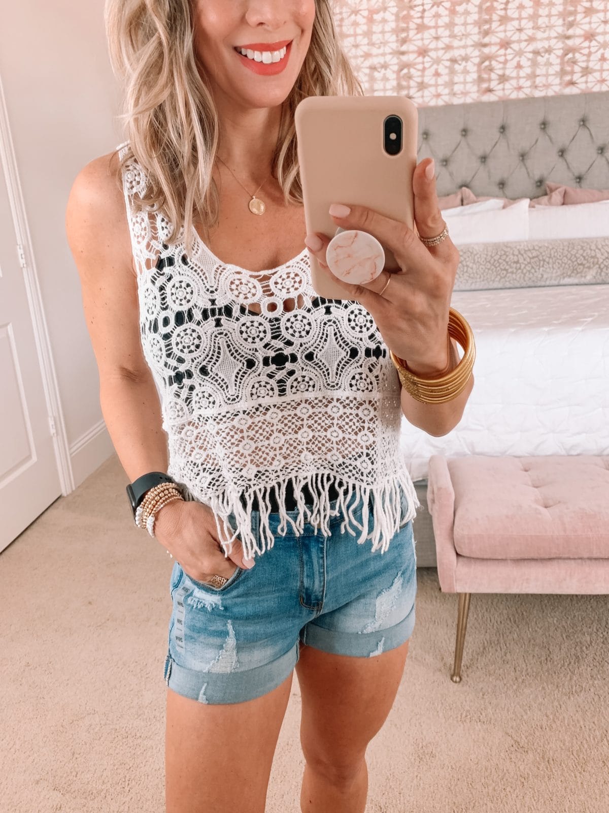 Amazon Fashion Faves, Cover up Crop Top, Jean Shorts, Sandals 