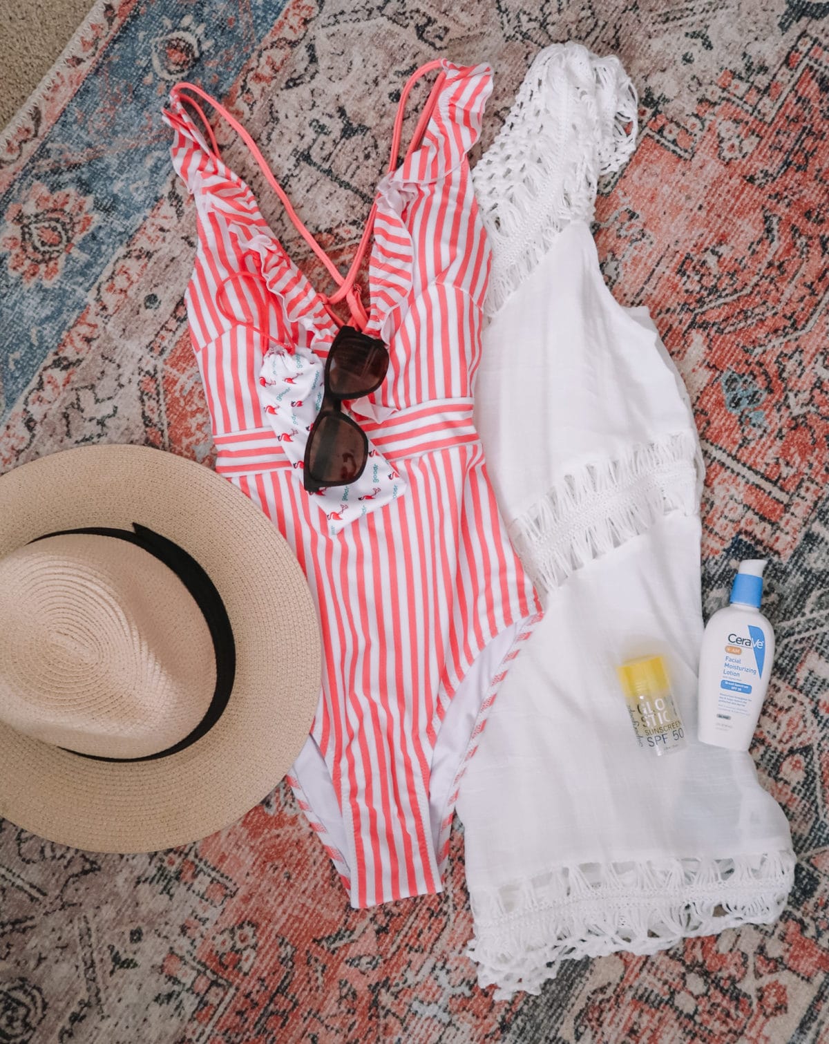 Packing Essentials, Stripe Swimsuit, CoverUp, Hat, Sunscreen, Lotion 