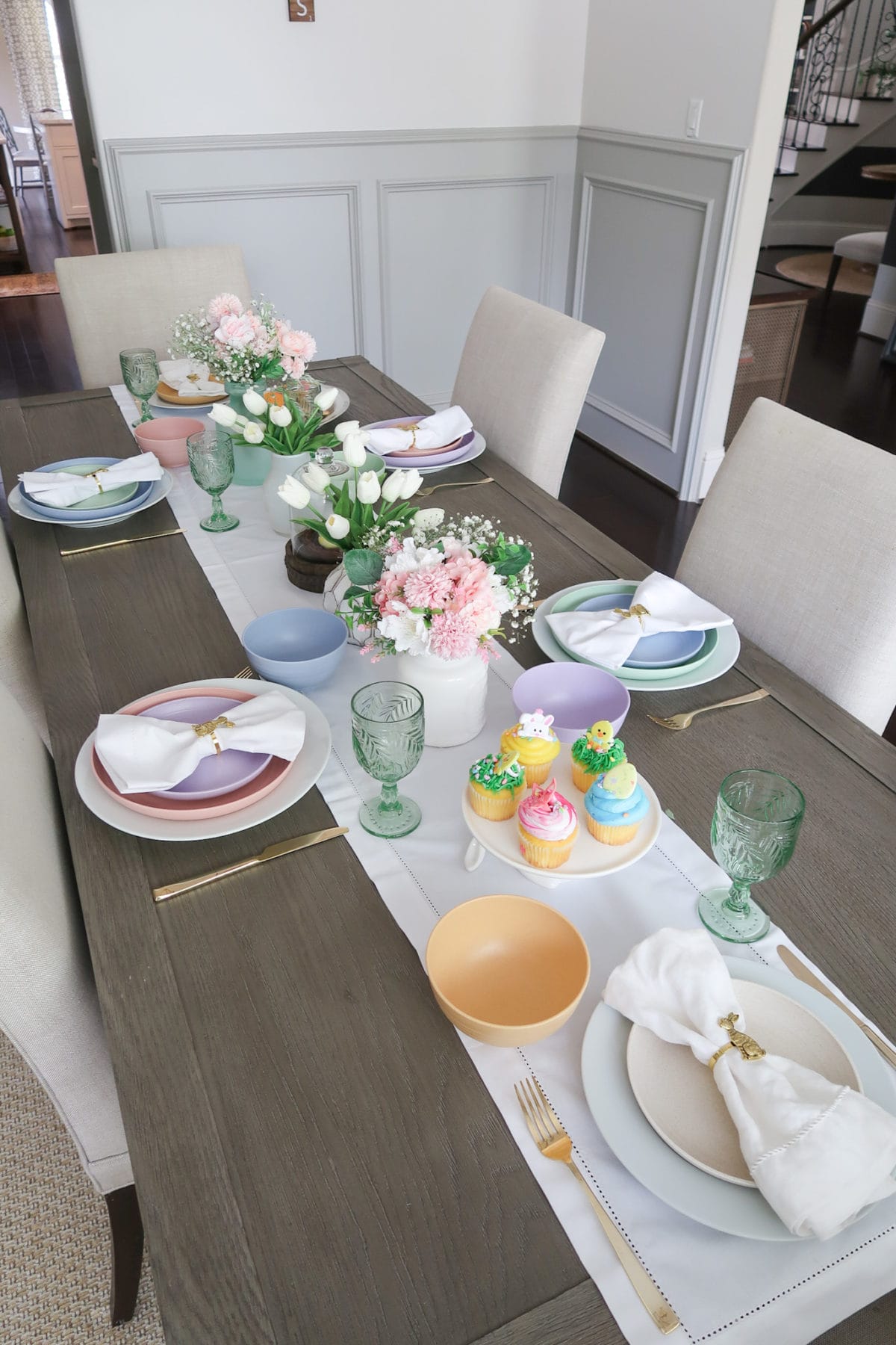 Spring Decor, Tablescape Pastel Plates, Cupcake Plate, Flowers, Napkins 