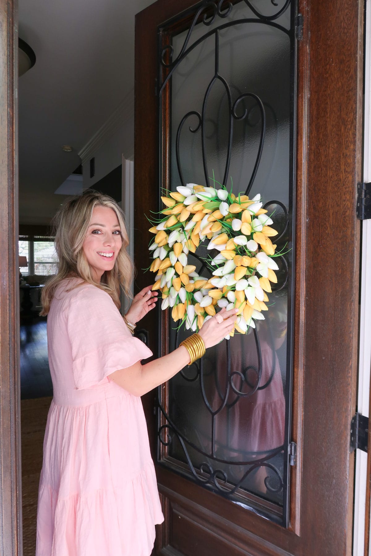 Easter Home, Tulip Wreath, Pink Dress