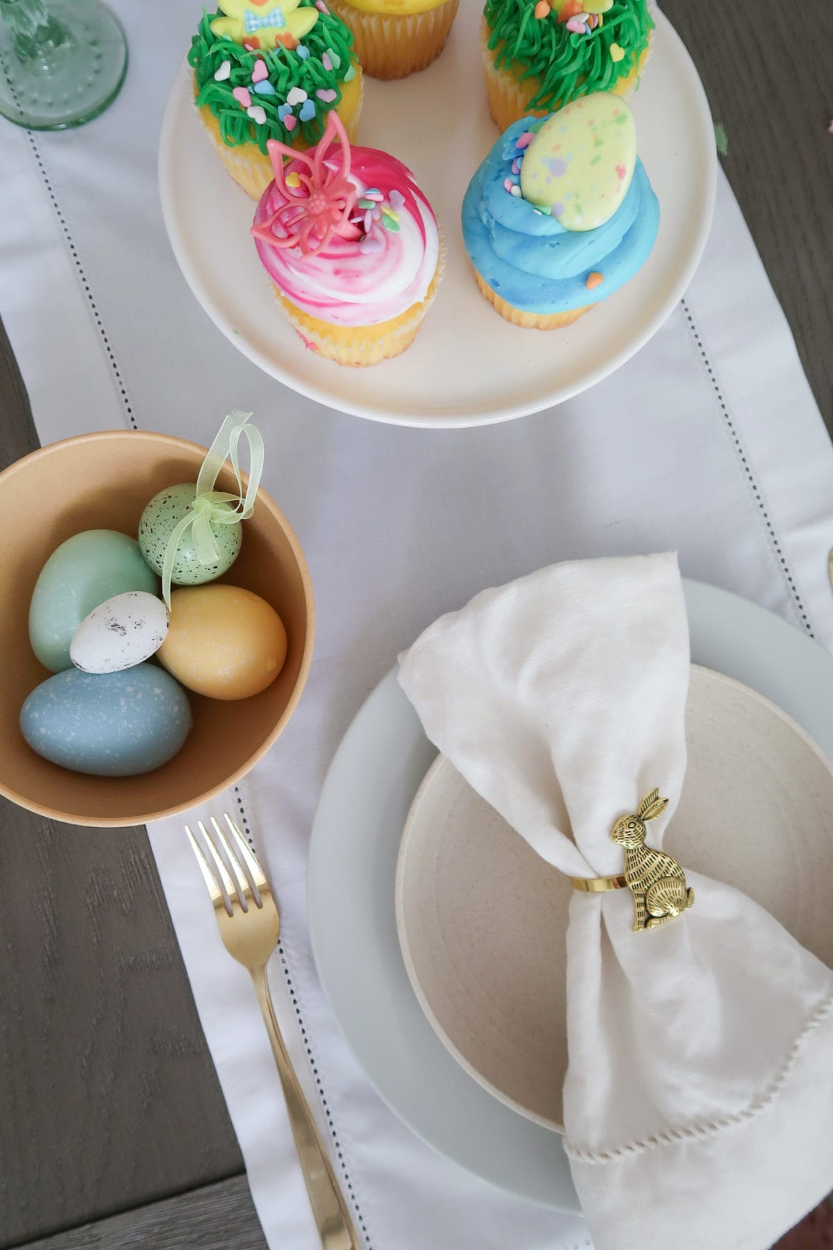 Spring Decor, White Linens, Cupcakes, Gold Flatware, Bunny Napkin Ring 