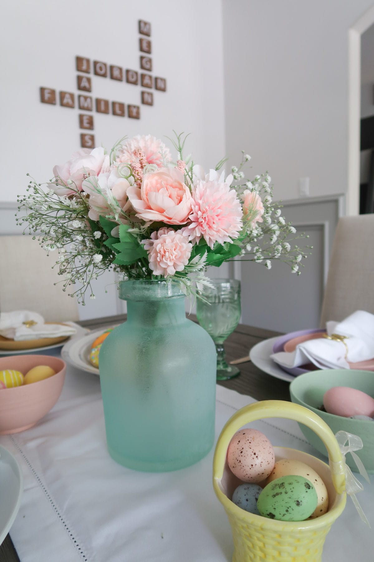 Spring Decor, Faux Flowers, Sea Glass Vase, White Linens 