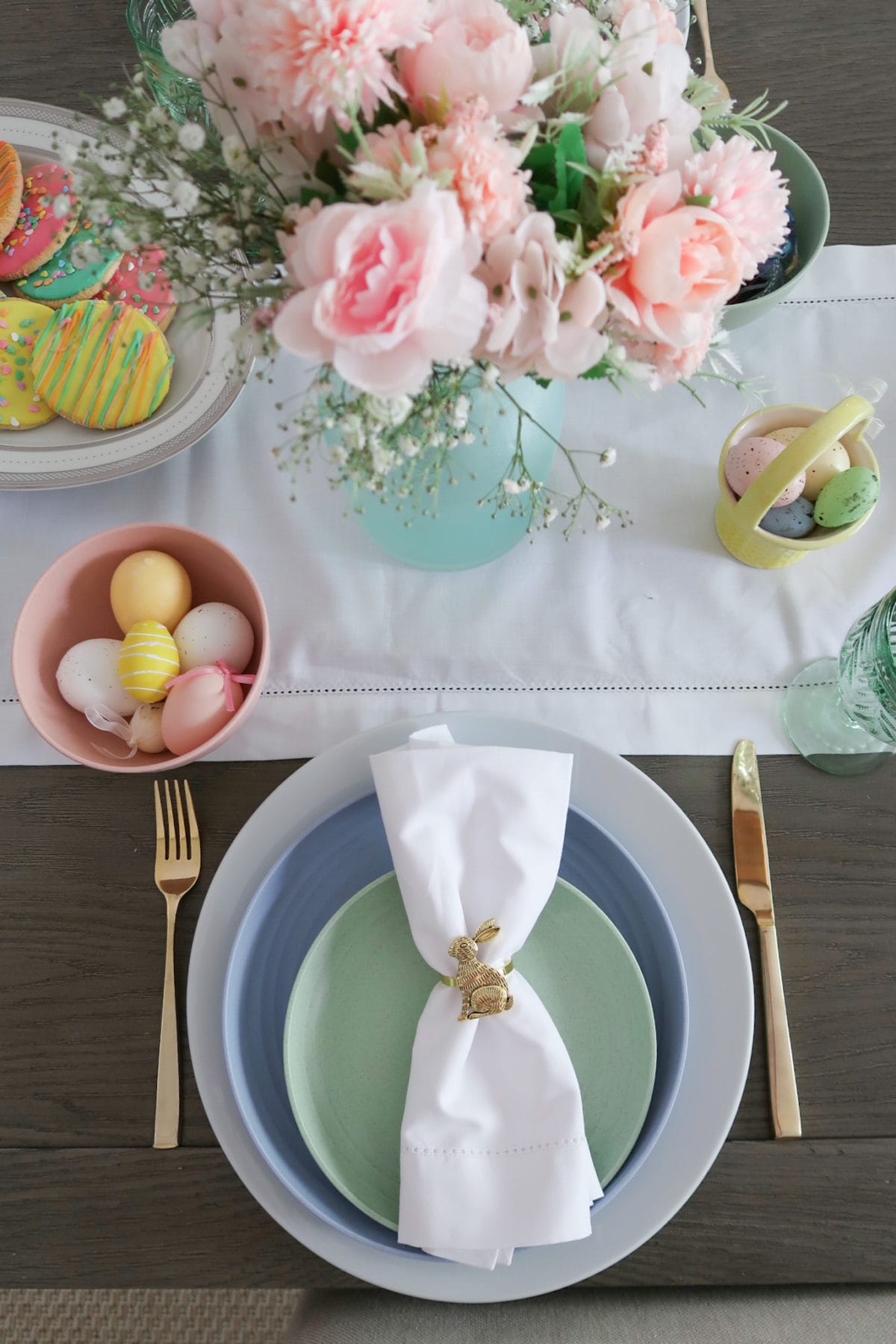 Spring Decor, Flowers, Table Runner, Pastel Plates, Bunny Napkin rings, Gold Flatware 