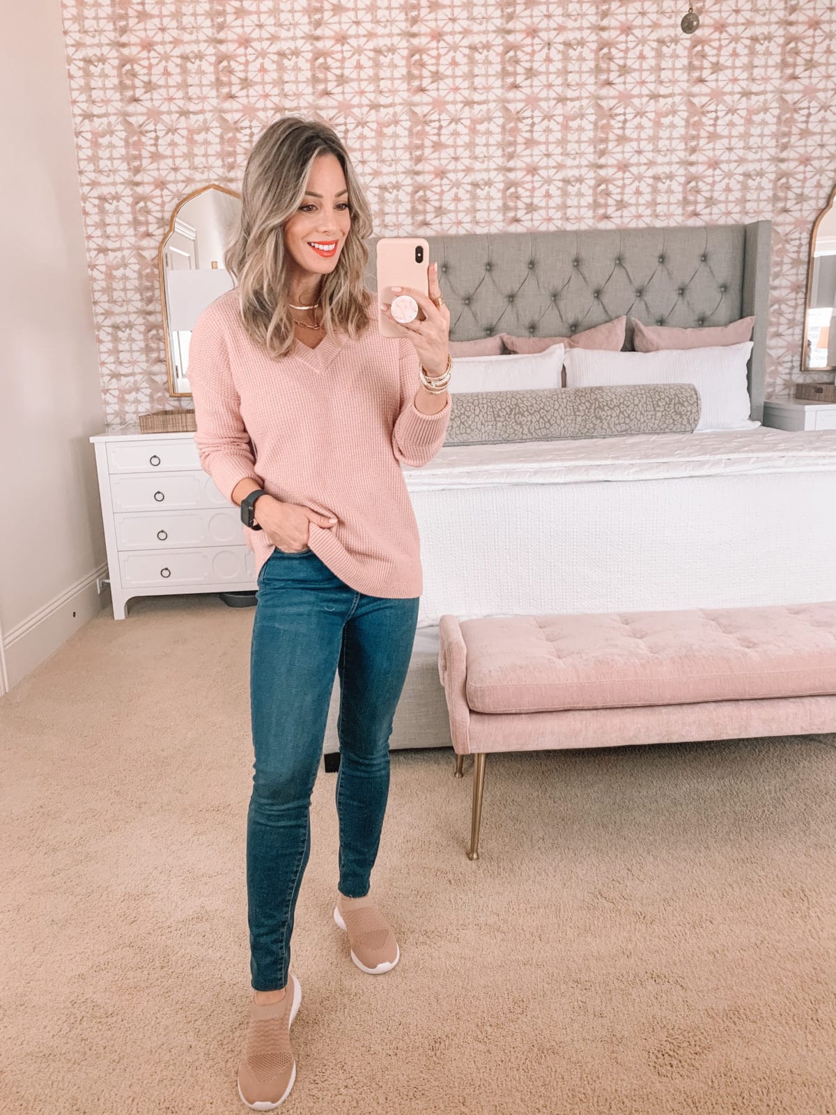 Amazon Fashion Faves, Pink V Neck Sweater, Jeans, Slide on Sneakers 