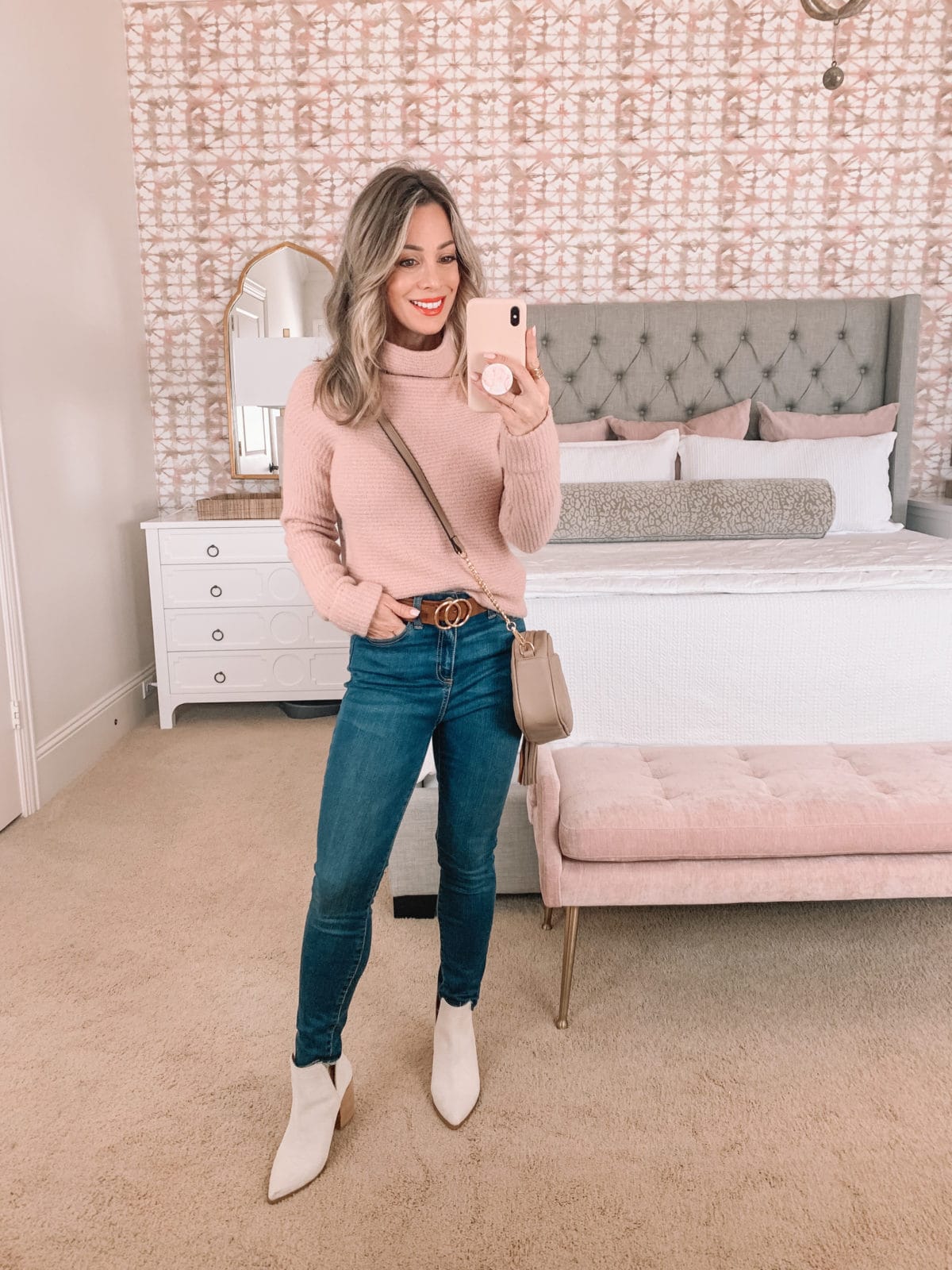 Amazon Fashion Faves, Pink sweater, Jeans, Belt, Booties, Crossbody 