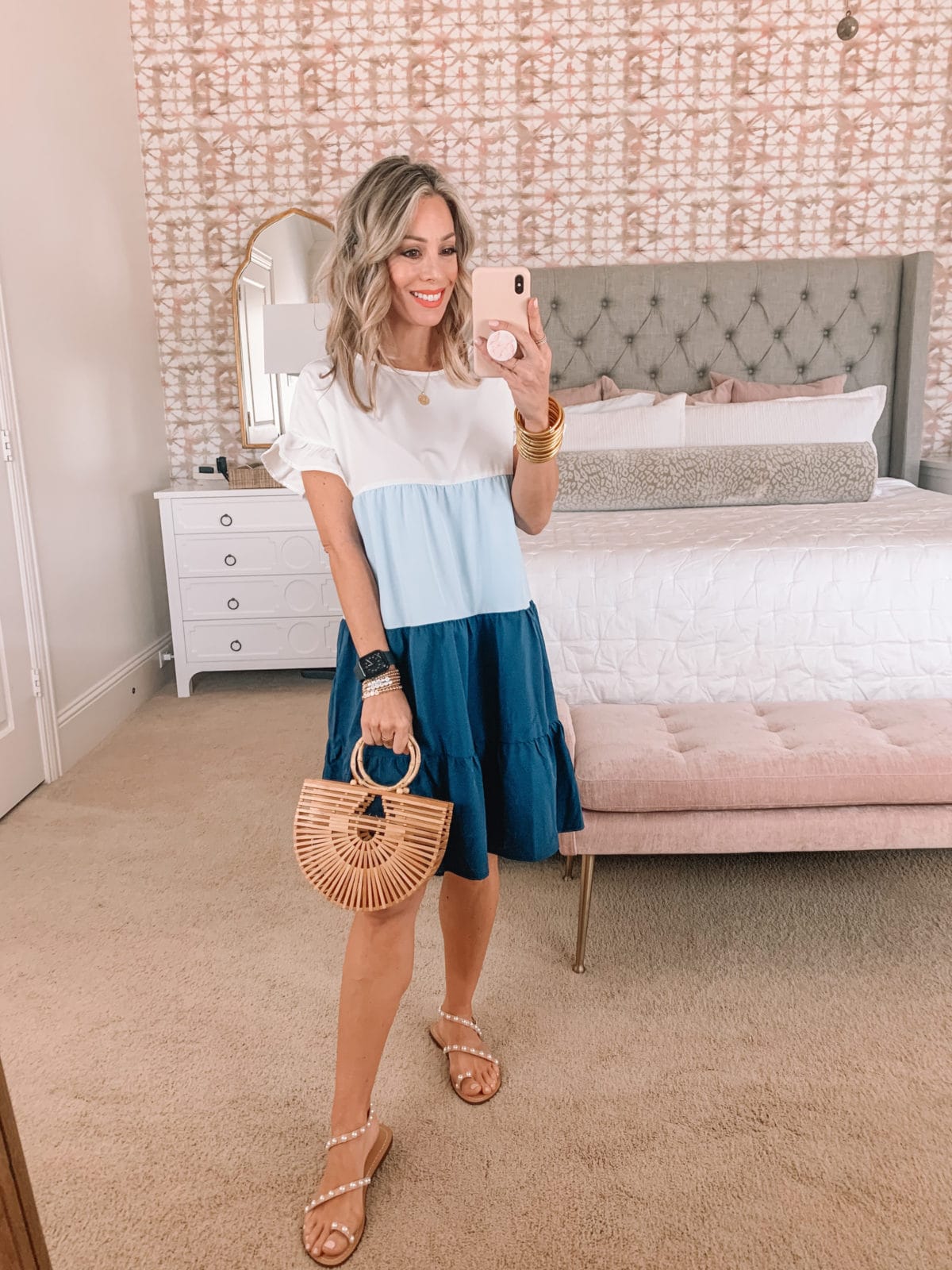 Amazon Fashion Faves, Colorblock Dress, Pearl Sandals, Bamboo Clutch