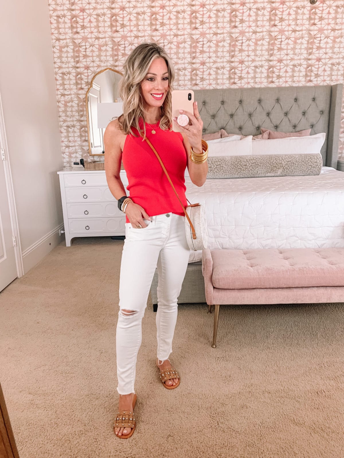 Amazon Fashion Faves, Tank, White Jeans, Sandals, Bamboo clutch