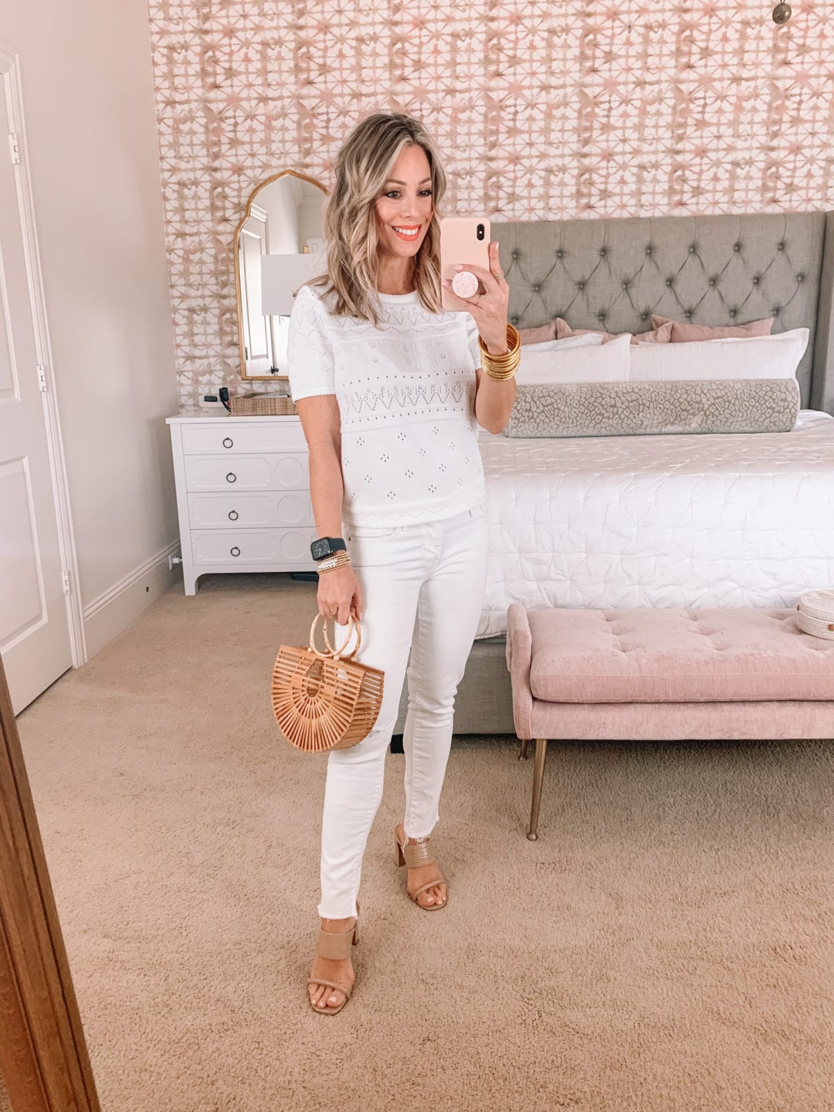 Amazon Fashion Faves, White Embroidered Top, White Jeans, Sandals, Bamboo Clutch