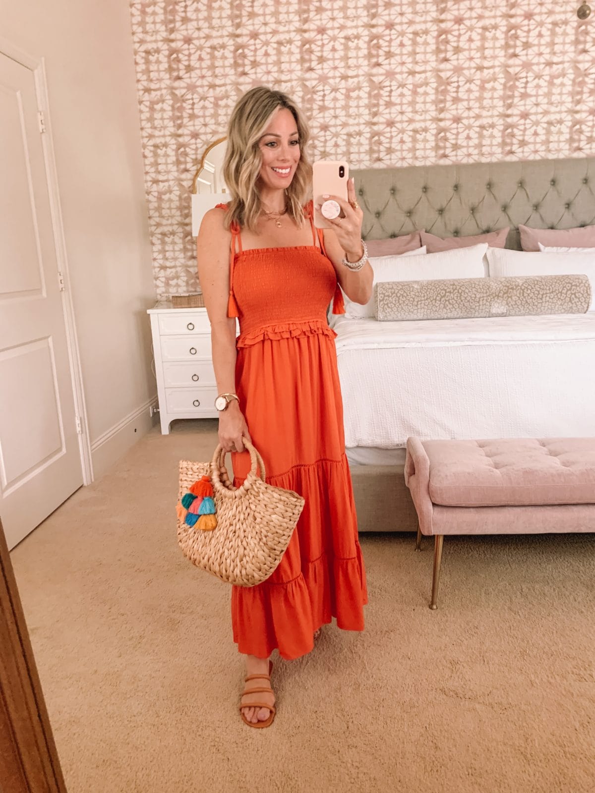 Orange Smocked Maxi Dress, Woven Bag 