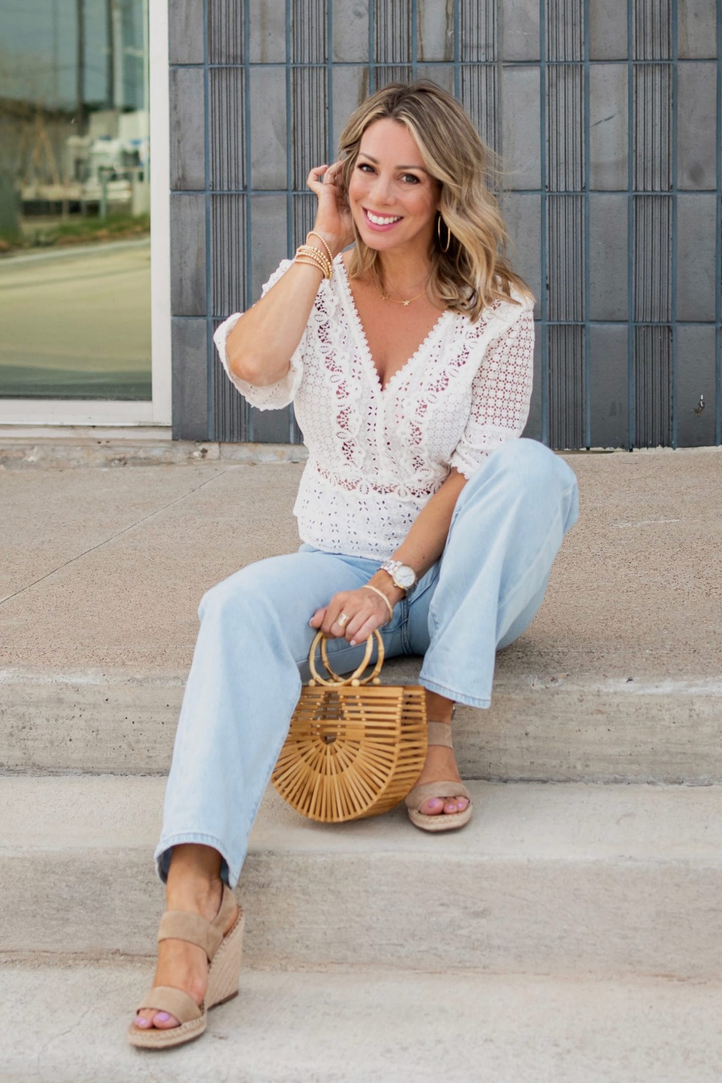 White crochet top and wide leg jeans