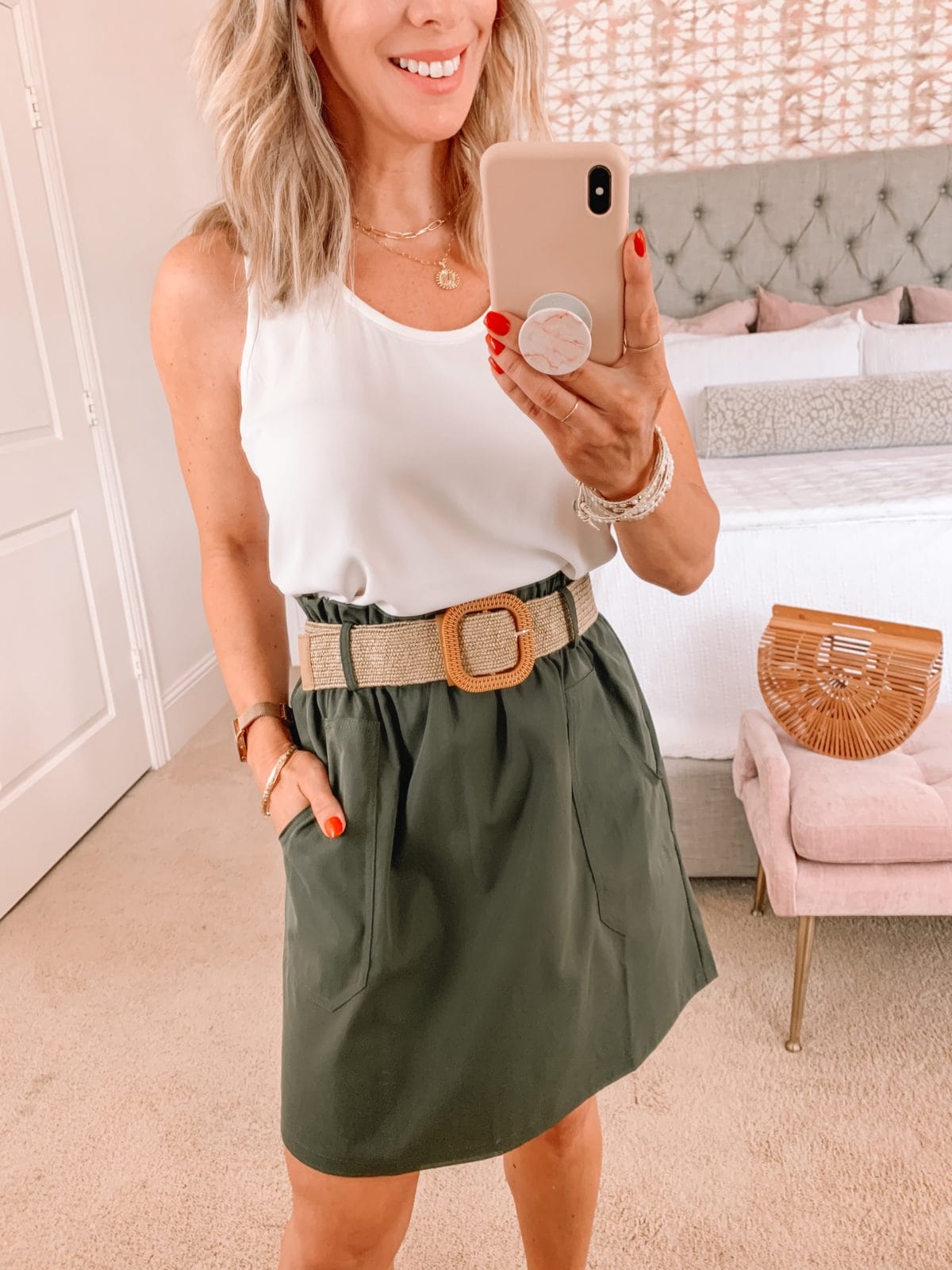 Amazon Fashion Faves, White Tank, Olive Skirt, Stretchy Belt, Bamboo Clutch, Sandals 