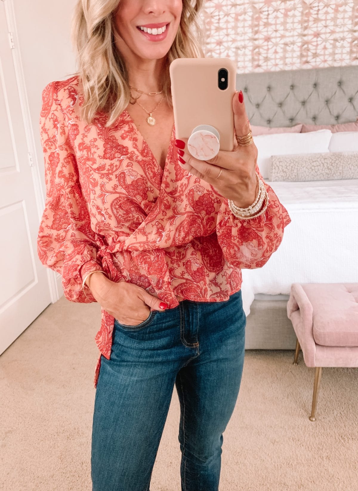 Dressing Room Finds, Romantic Floral long sleeve Top, Jeans, and Heels 