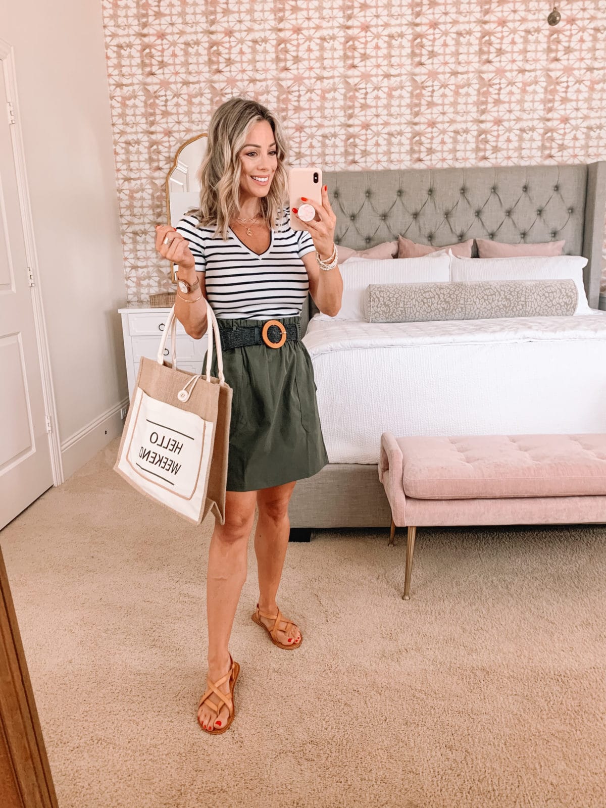 Amazon Fashion Faves, Stripe V Neck Tee, Olive Skirt, Sandals, Weekend Tote 