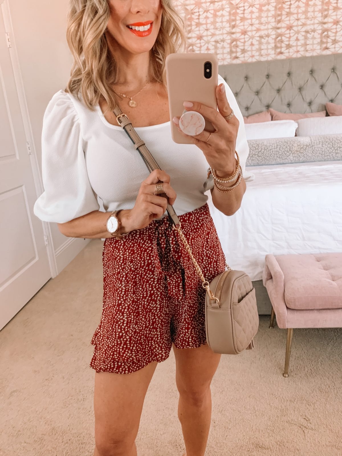 Amazon Fashion Faves, White Puff Sleeve Top and Ruffle Shorts with Sandals and Crossbody 