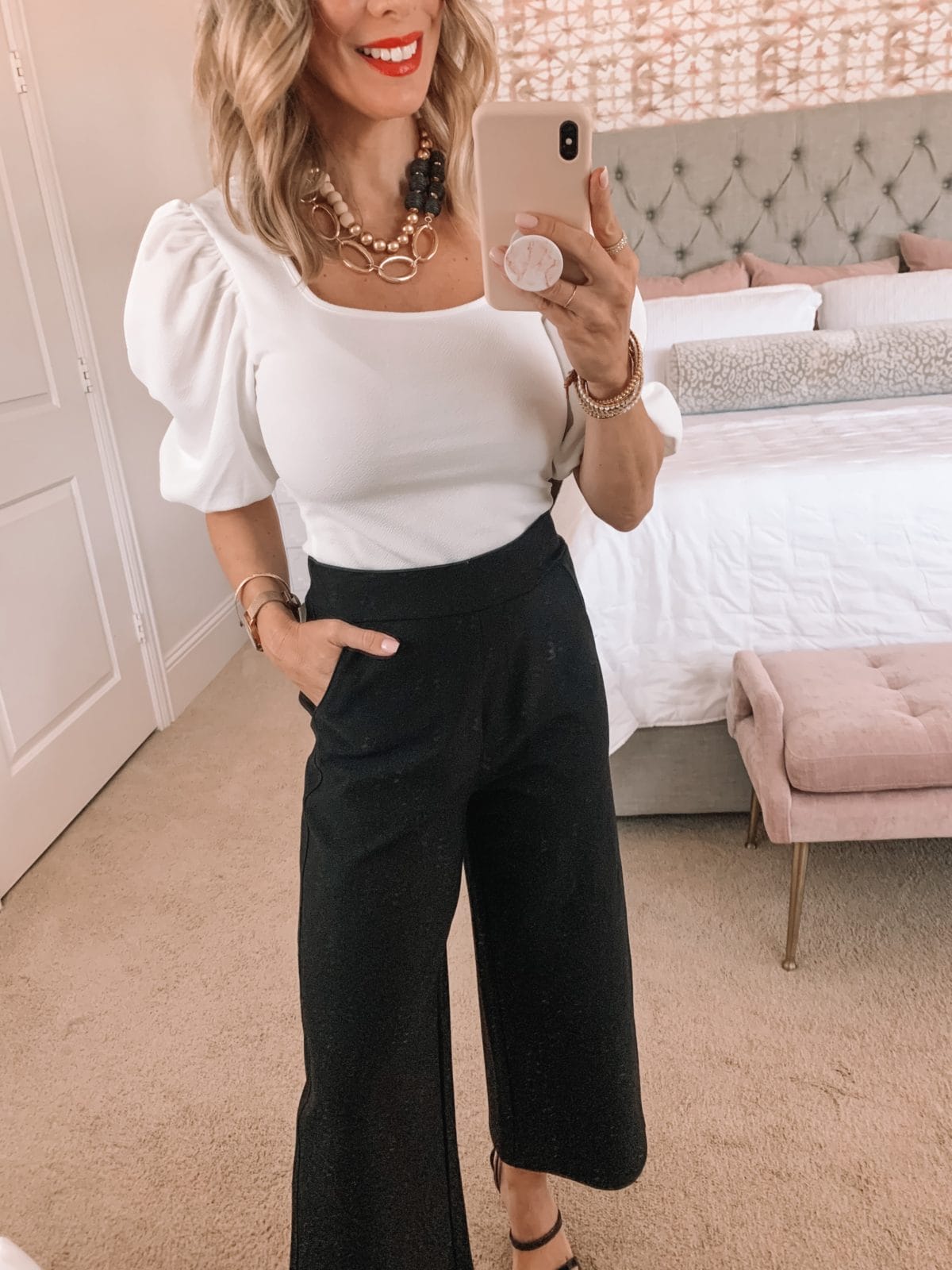 Amazon Fashion Faves, Puff Sleeve Top, Wide Leg Pants, Heels, Statement Necklace 