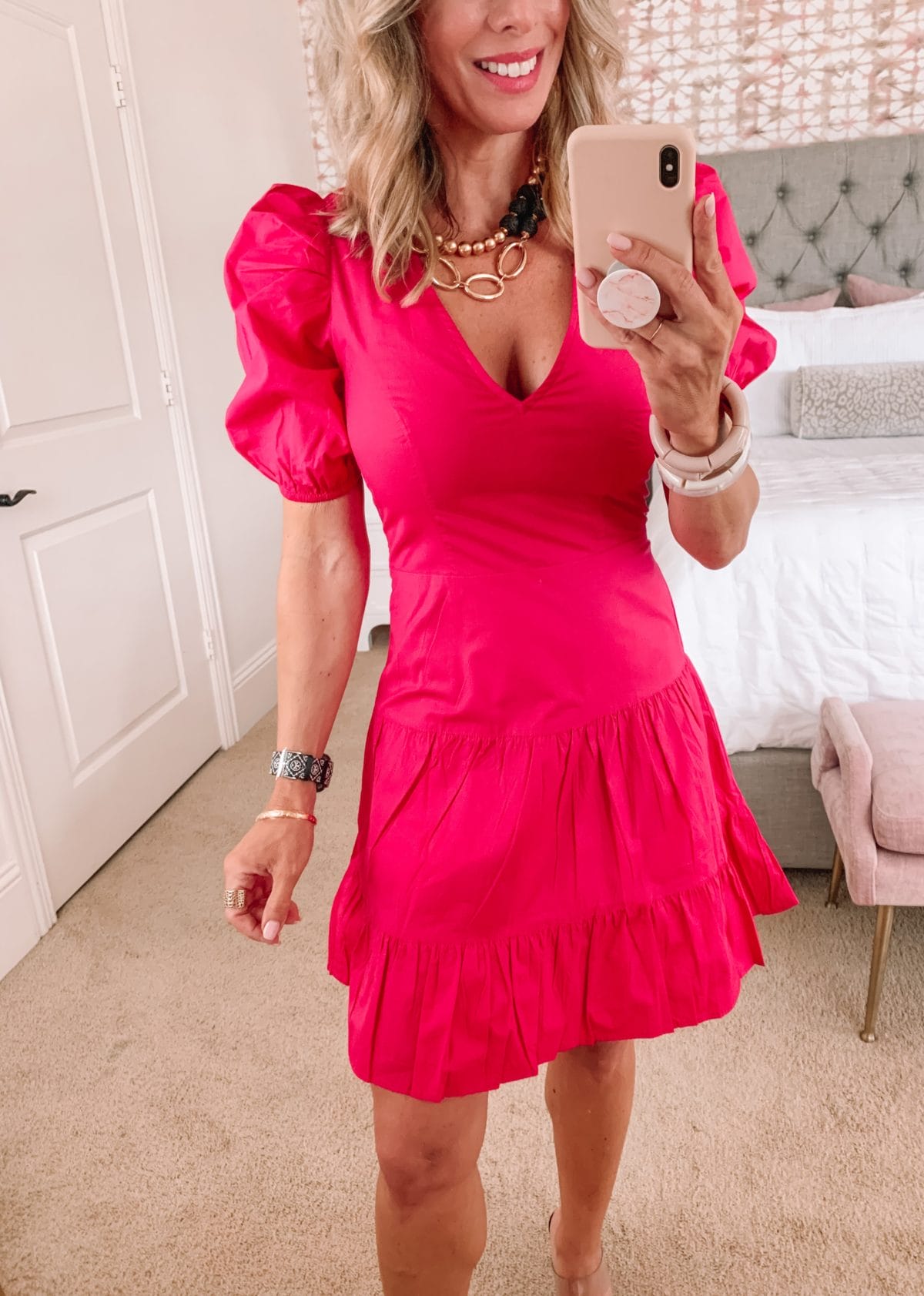 Dressing Room Finds, Pink Mini Dress with Puff Sleeves and Clear Sandals 